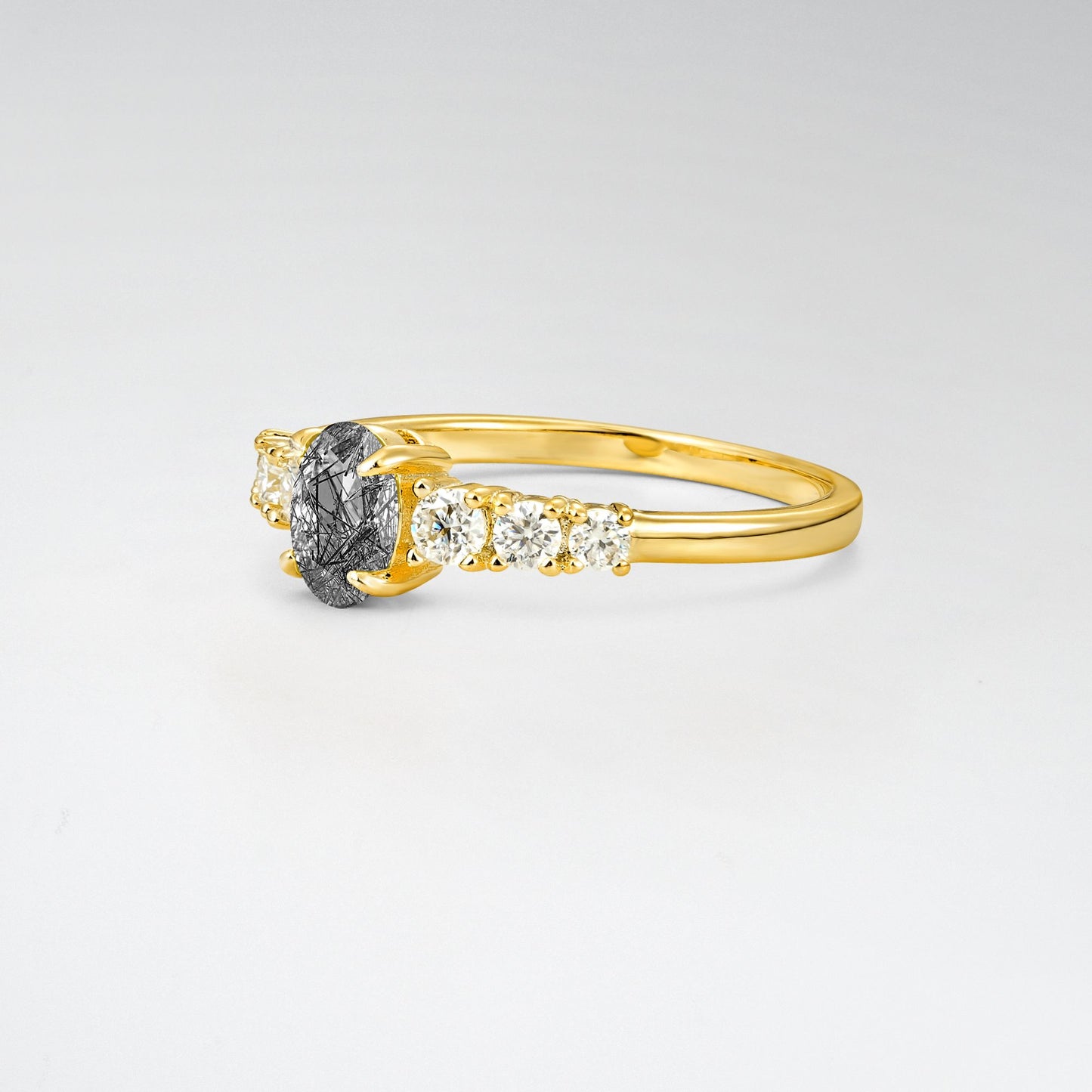 Oval Cut Black Rutilated Quartz Side Stone Classic Engagement Ring - Additional view