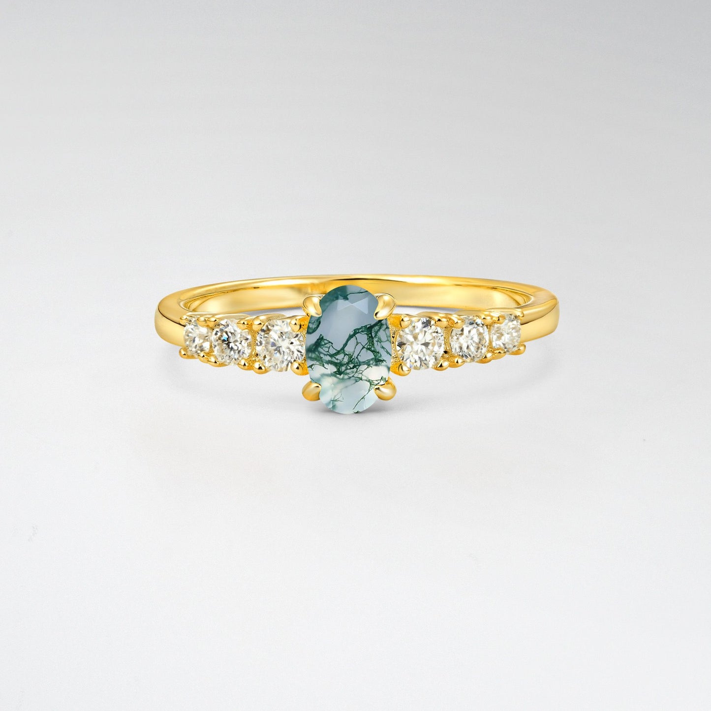 Oval Cut Moss Agate Side Stone Classic Engagement Ring - Additional view