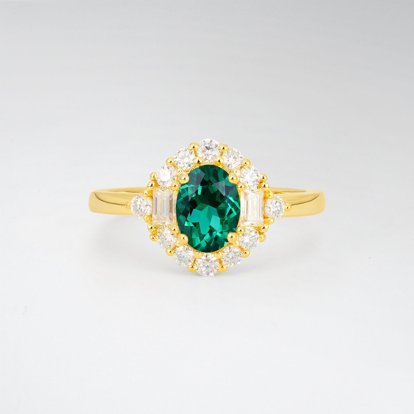Vintage Oval Cut Baguette Halo Emerald Engagement Ring - Additional view