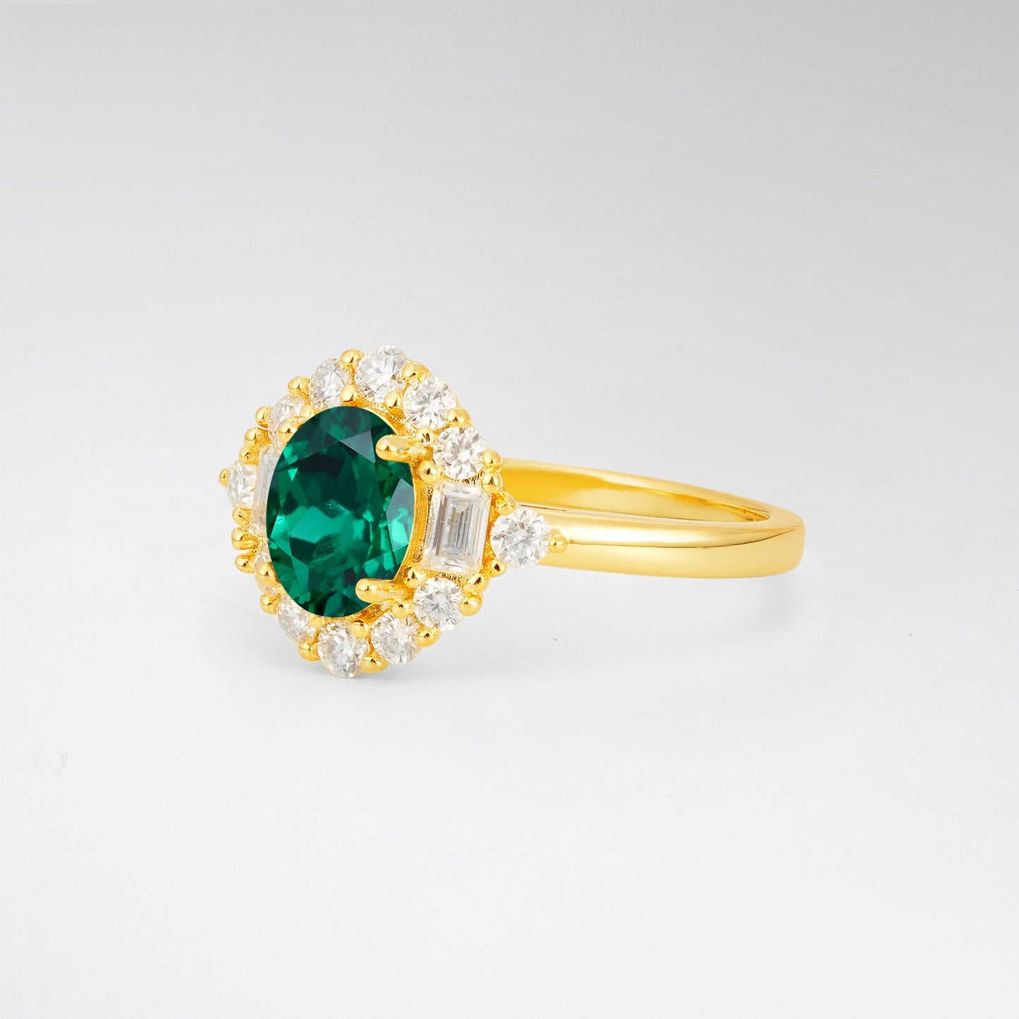 Vintage Oval Cut Baguette Halo Emerald Engagement Ring - Additional view