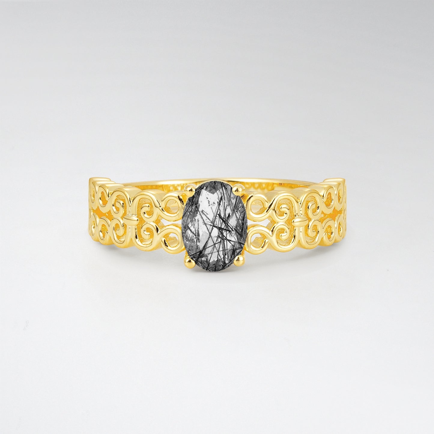 Vintage Oval Cut Ornate Filigree Black Rutilated Quartz Solitaire Ring - Additional view