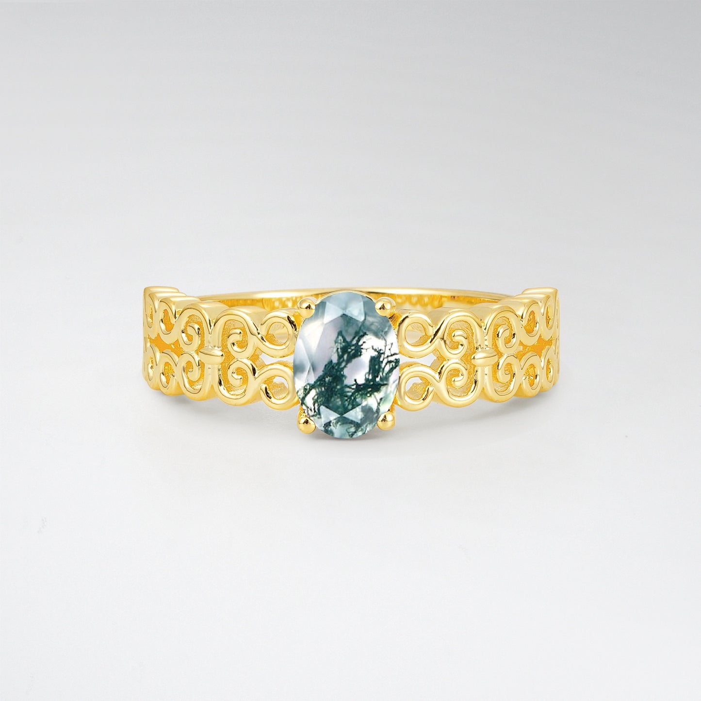 Vintage Oval Cut Ornate Filigree Moss Agate Solitaire Ring - Additional view