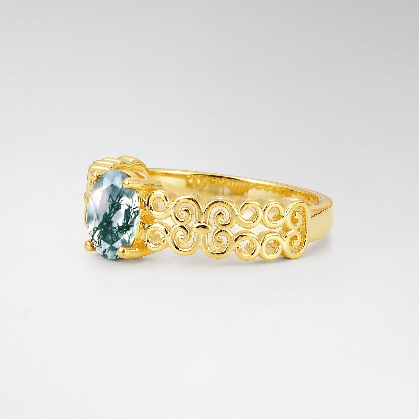 Vintage Oval Cut Ornate Filigree Moss Agate Solitaire Ring - Additional view