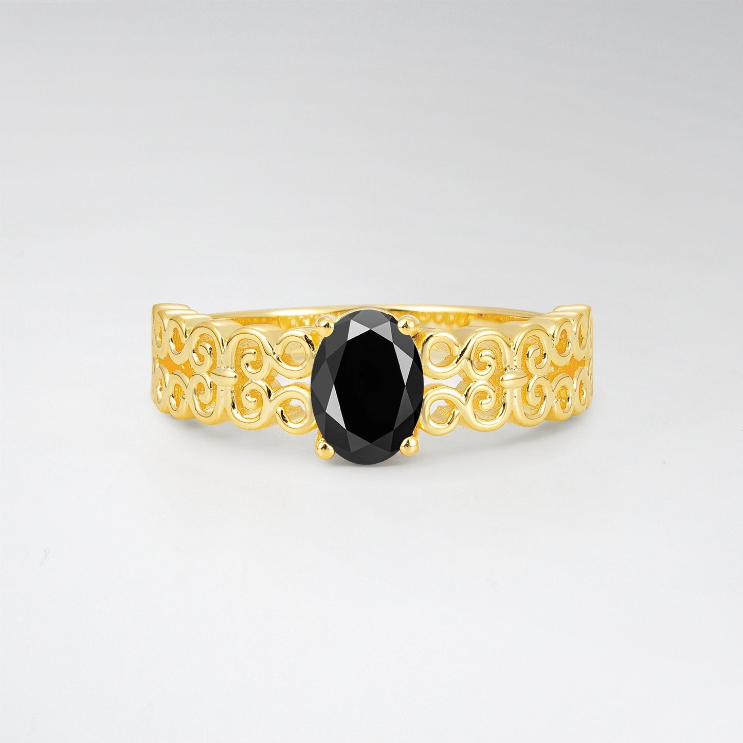 Vintage Oval Cut Ornate Filigree Black Onyx Solitaire Ring - Additional view