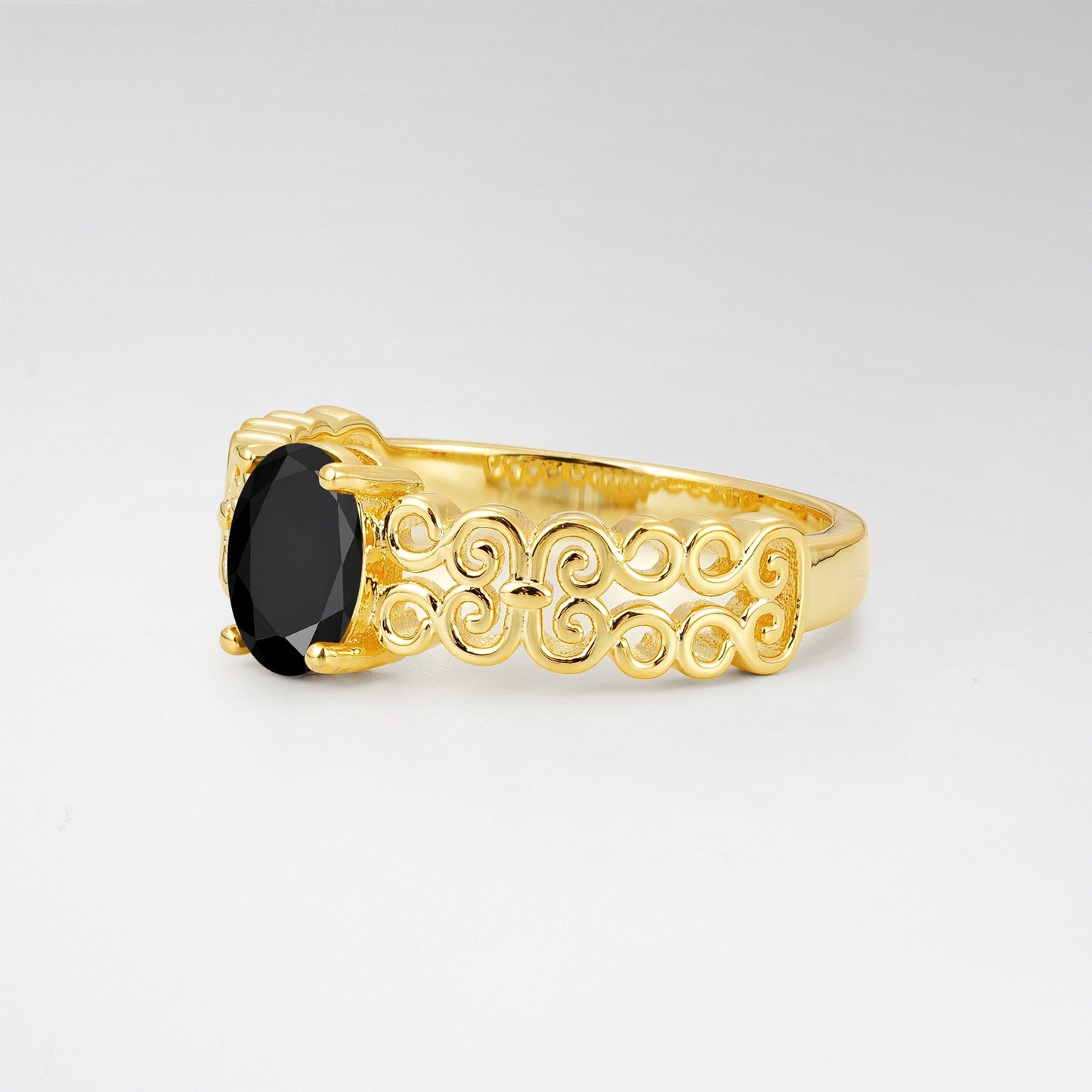 Vintage Oval Cut Ornate Filigree Black Onyx Solitaire Ring - Additional view