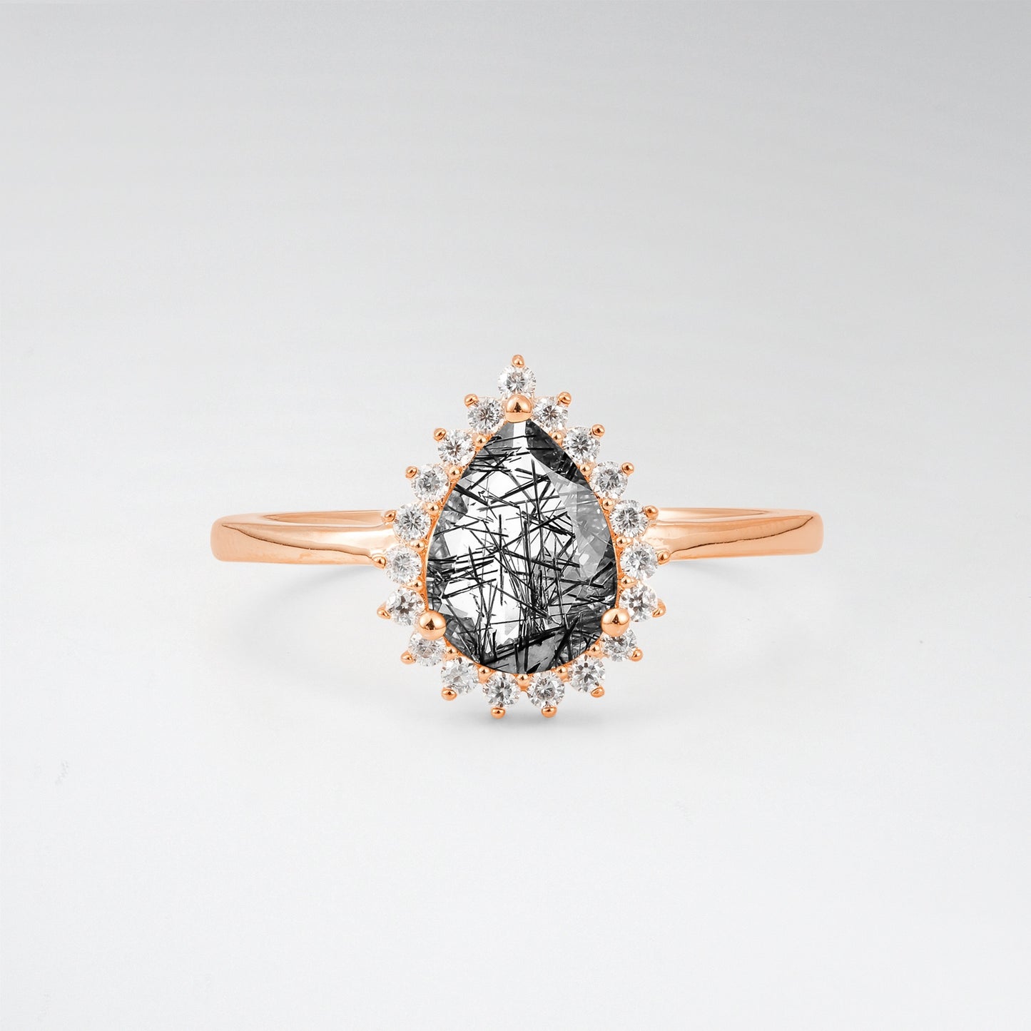 Vintage Art Deco Pear Cut Black Rutilated Quartz Sunburst Halo Engagement Ring - Additional view