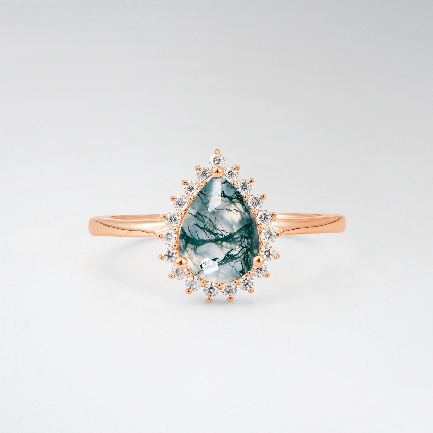 Vintage Art Deco Pear Cut Moss Agate Sunburst Halo Engagement Ring - Additional view