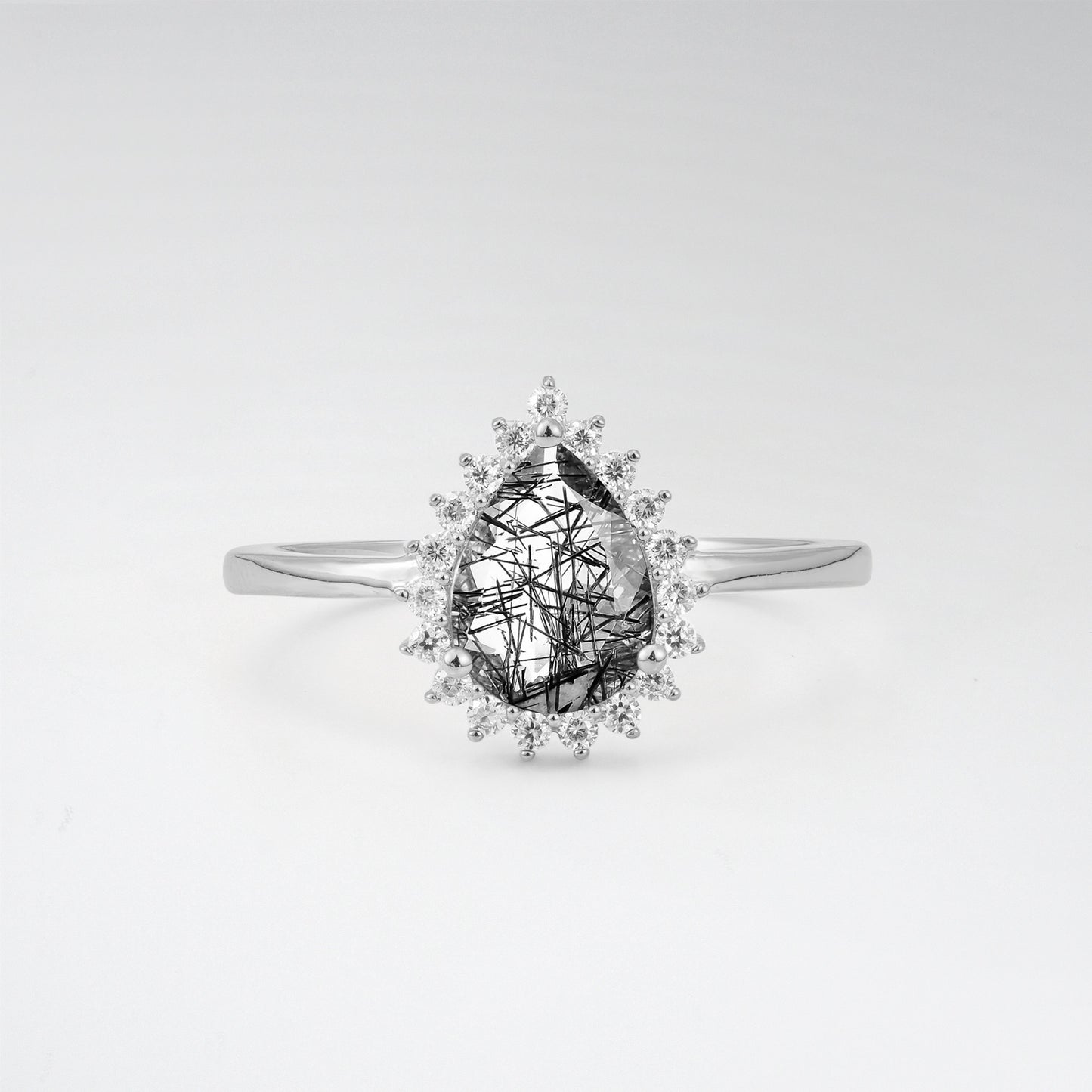 Vintage Art Deco Pear Cut Black Rutilated Quartz Sunburst Halo Engagement Ring - Additional view