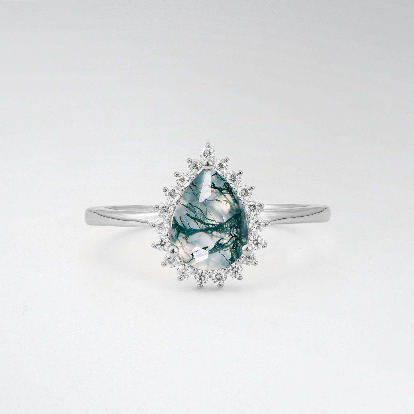 Vintage Art Deco Pear Cut Moss Agate Sunburst Halo Engagement Ring - Additional view