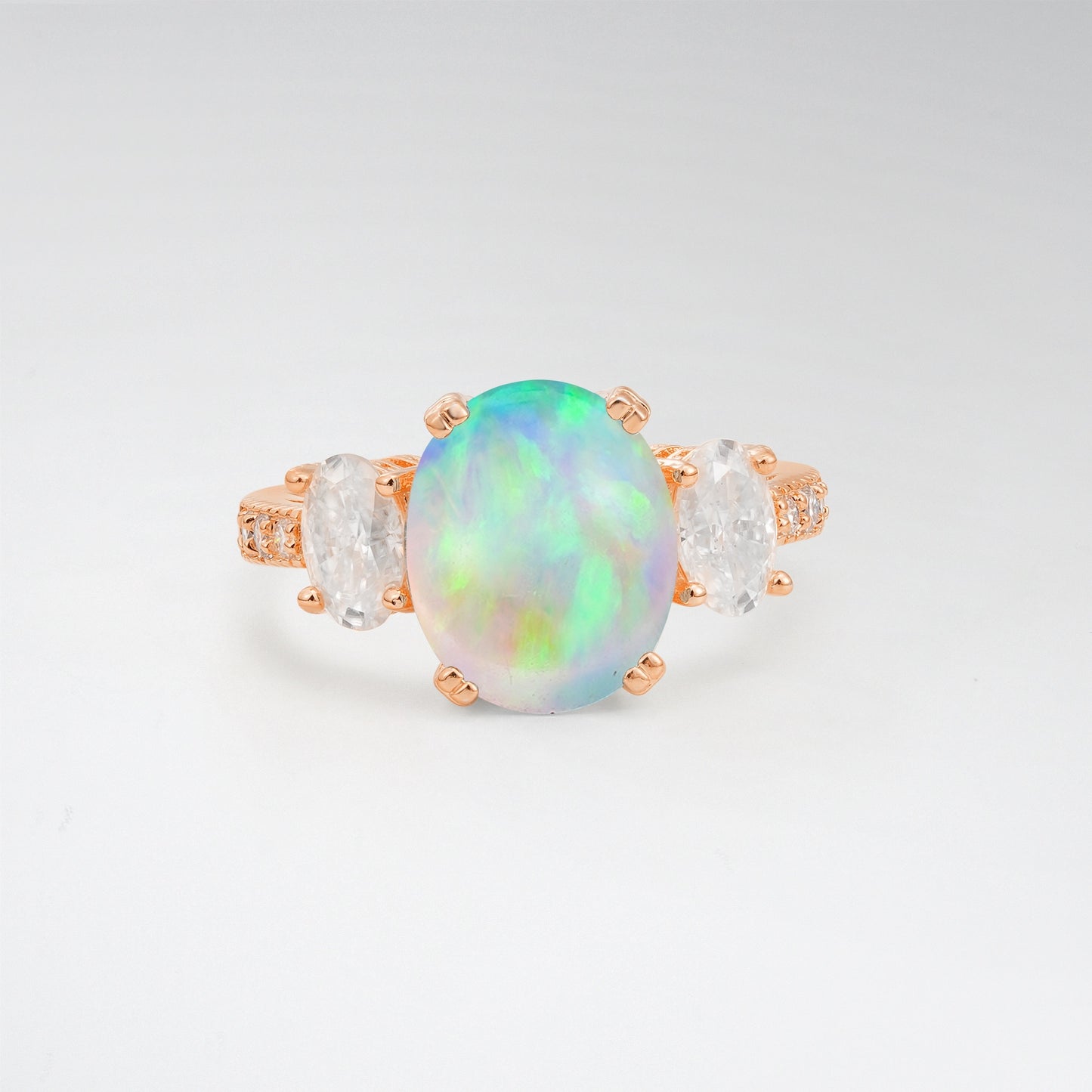 Vintage Oval Cut Opal 4CT Three Stone Milgrain Pave Engagement Ring - Additional view