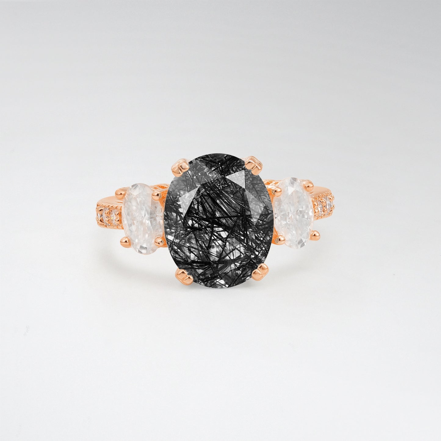 Vintage Oval Cut Black Rutilated Quartz 4CT Three Stone Milgrain Pave Engagement Ring - Additional view