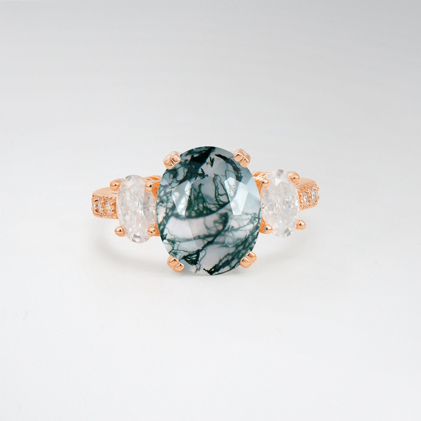 Vintage Oval Cut Moss Agate 4CT Three Stone Milgrain Pave Engagement Ring - Additional view