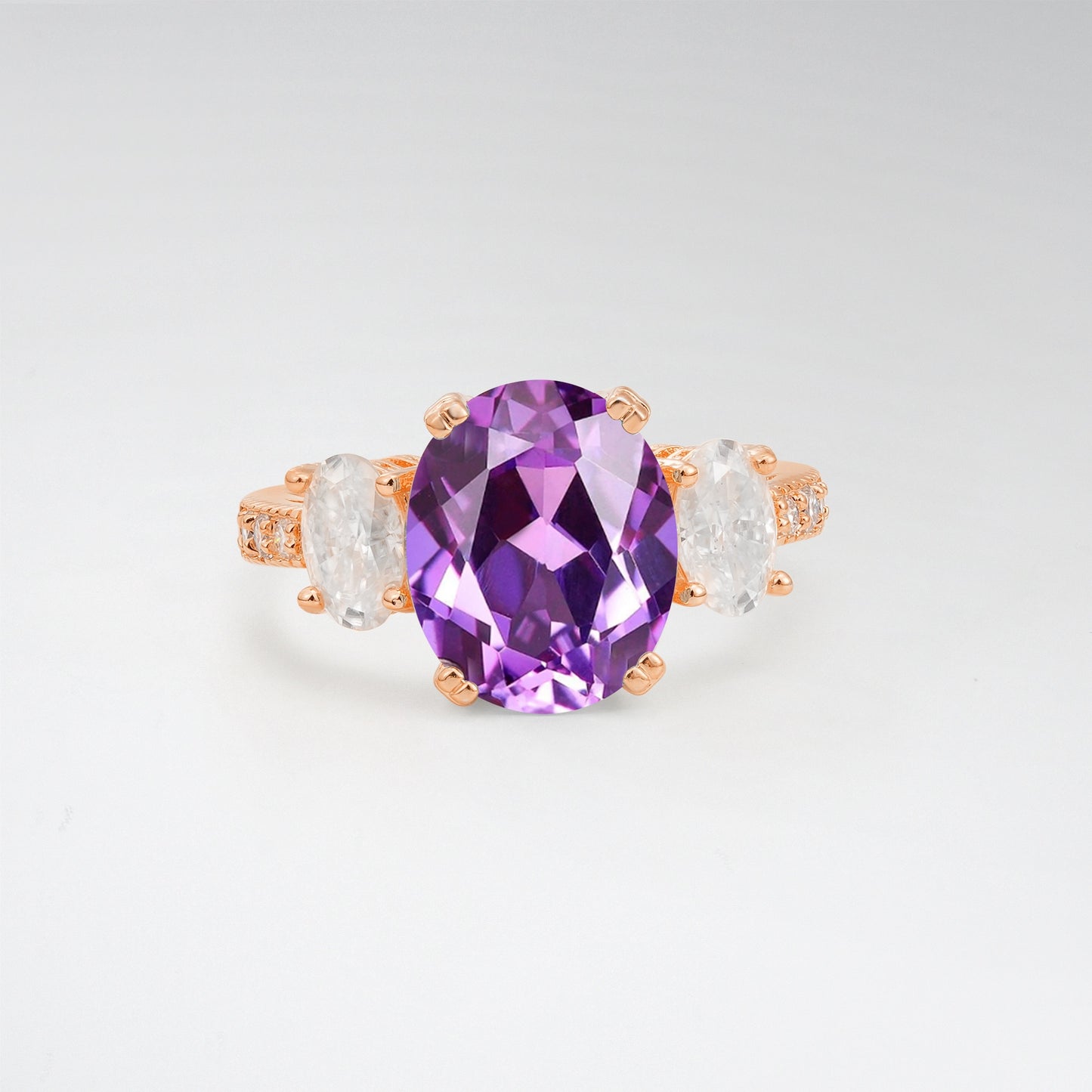 Vintage Oval Cut Amethyst 4CT Three Stone Milgrain Pave Engagement Ring - Additional view