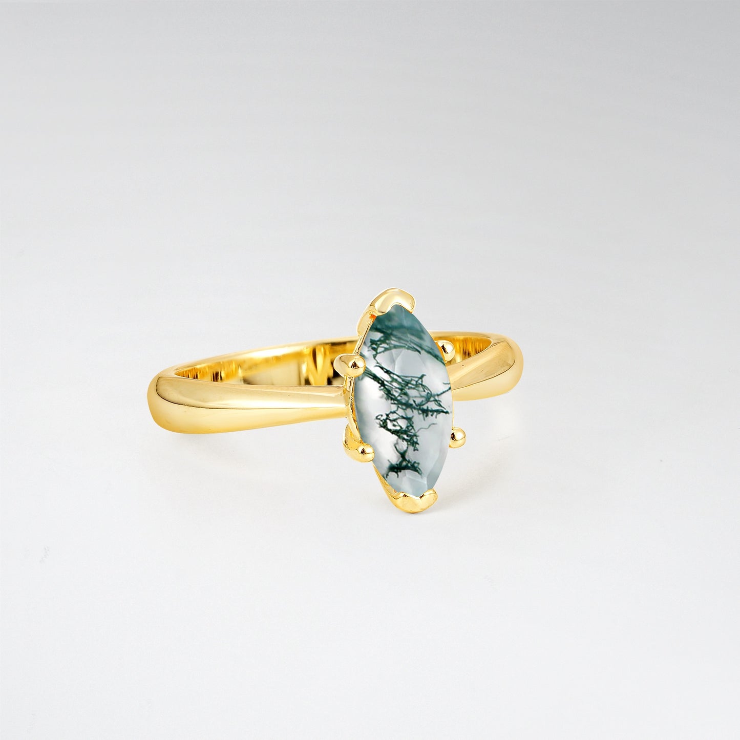 Sophisticated Marquise Cut Moss Agate Minimalist Solitaire Ring - Additional view