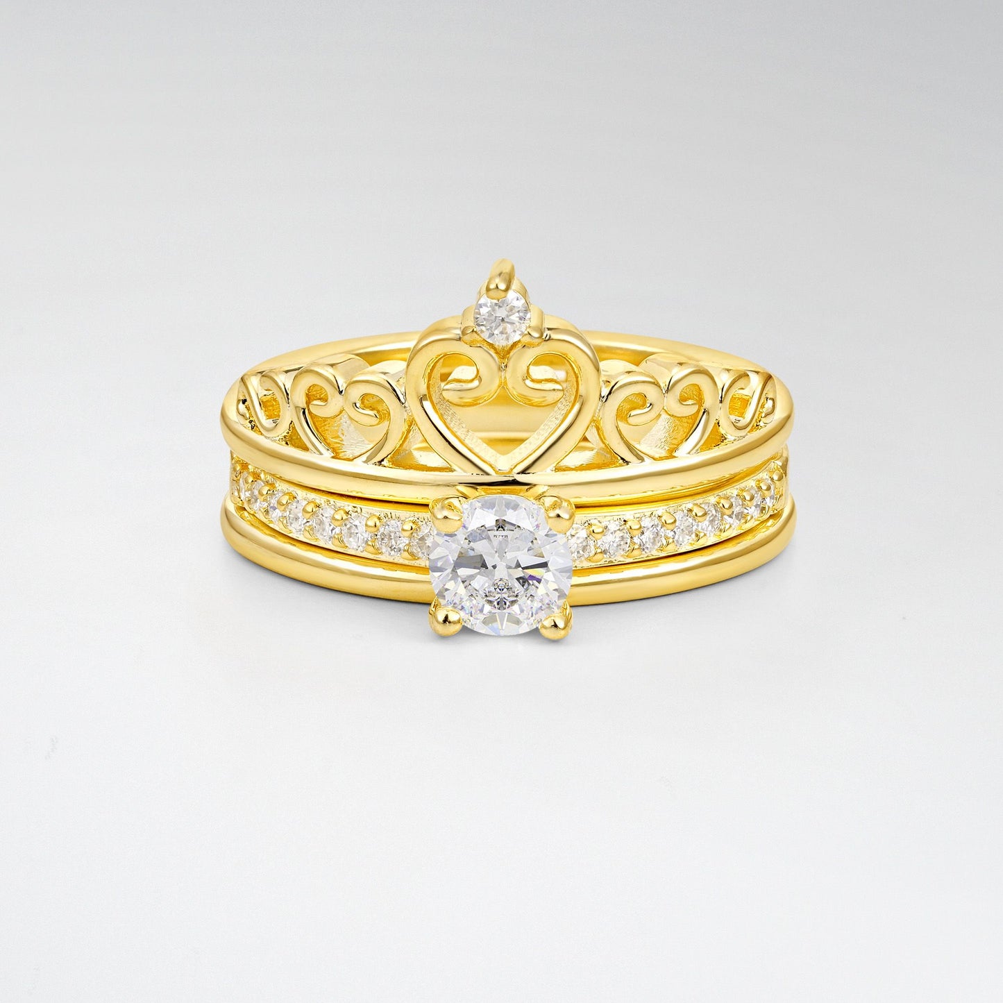 Round Cut Moissanite Crown Bridal Ring Set - Yellow-Gold