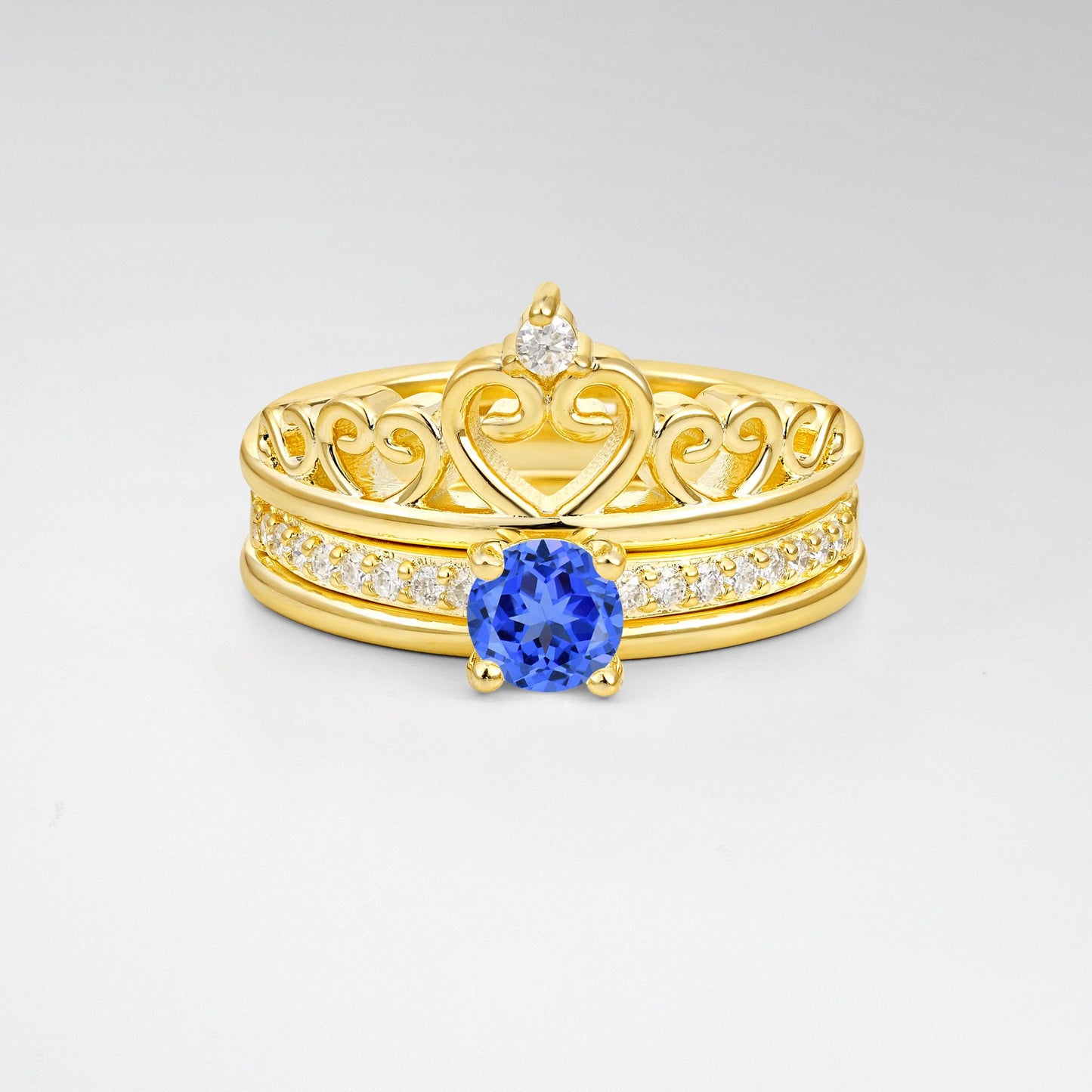 Round Cut Sapphire Crown Bridal Ring Set - Yellow-Gold