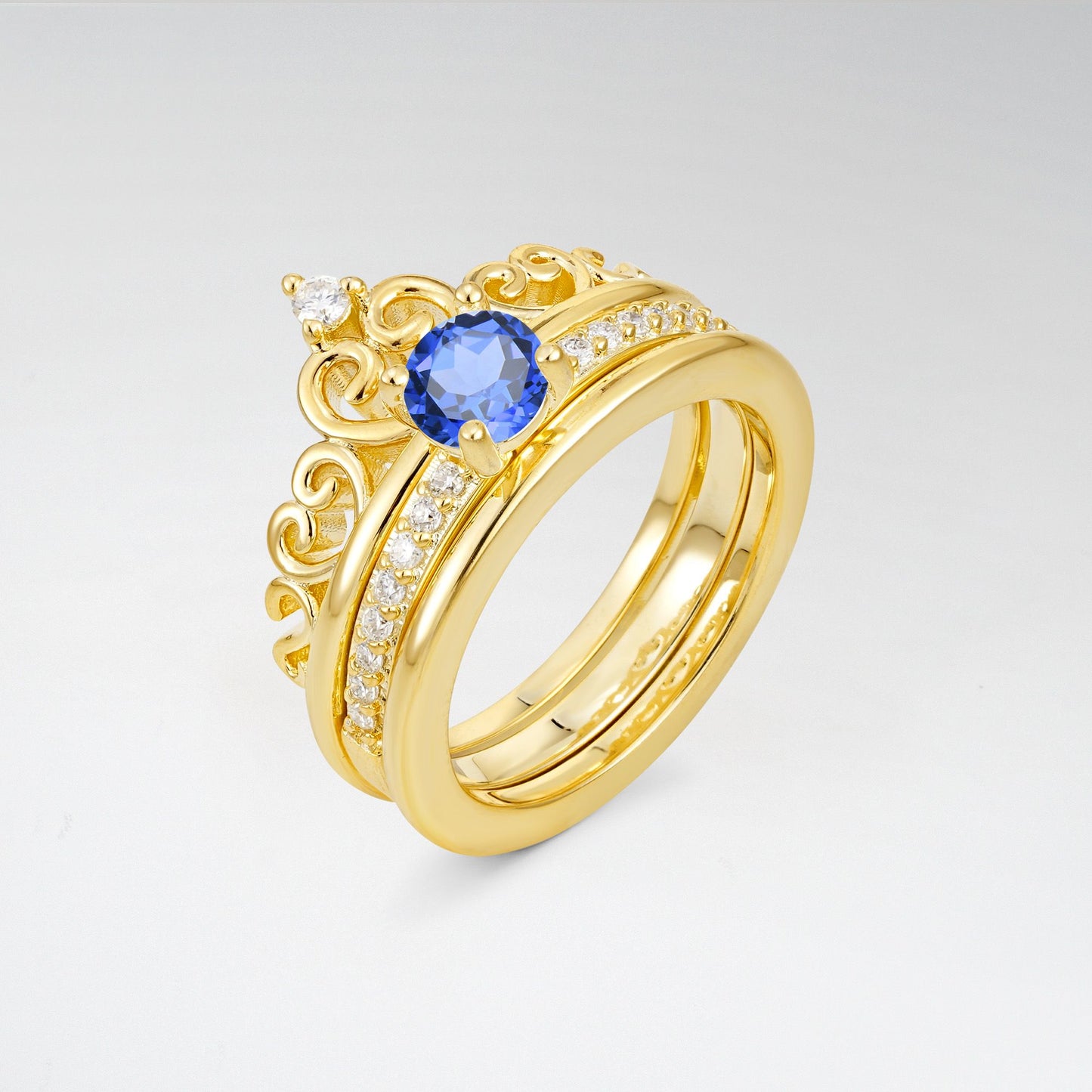 Round Cut Sapphire Crown Bridal Ring Set - Rose-Gold