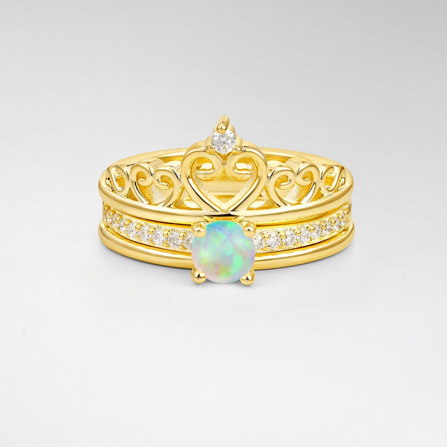 Round Cut Opal Crown Bridal Ring Set - Yellow-Gold