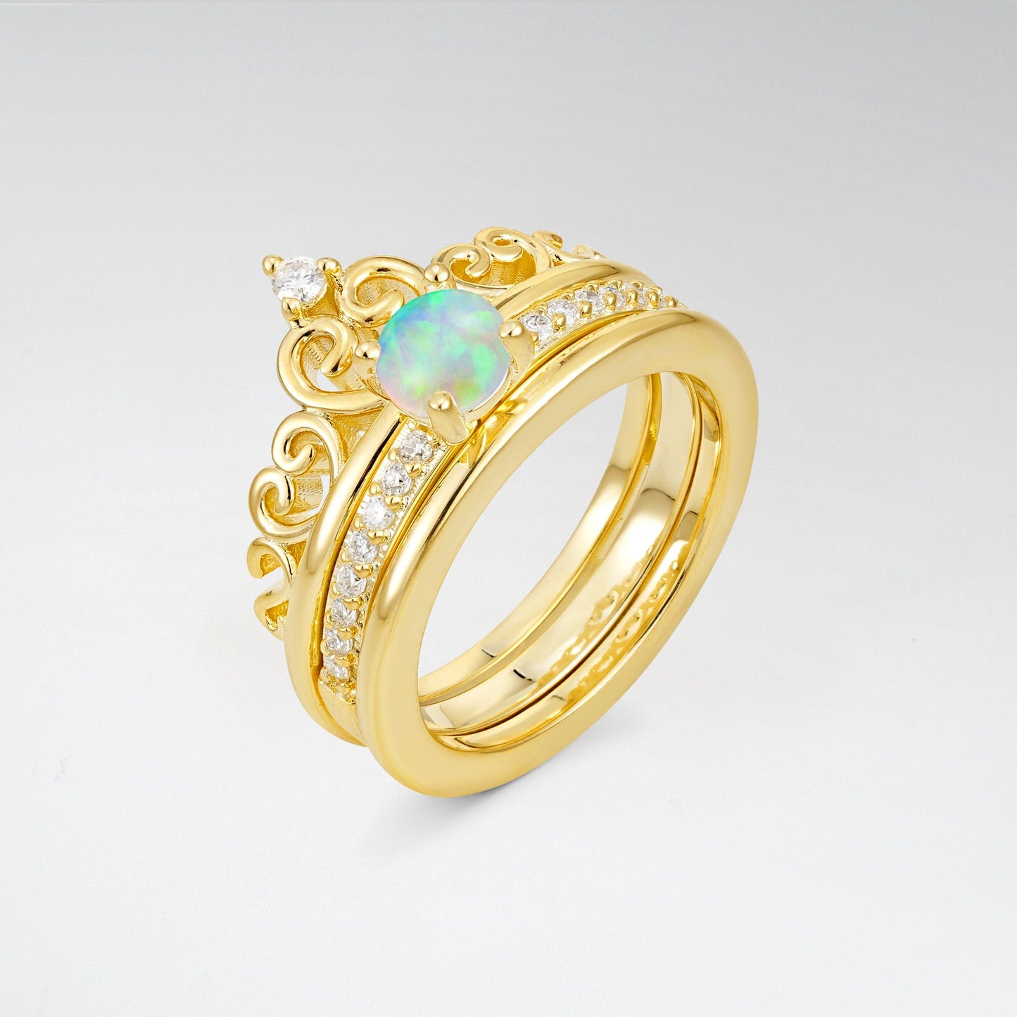 Round Cut Opal Crown Bridal Ring Set - Rose-Gold