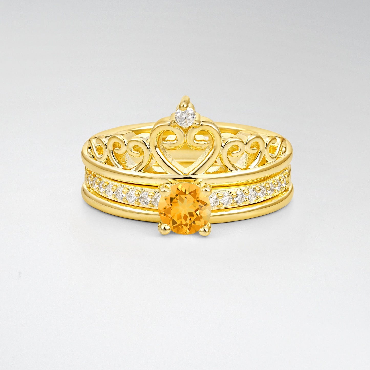 Round Cut Citrine Crown Bridal Ring Set - Yellow-Gold