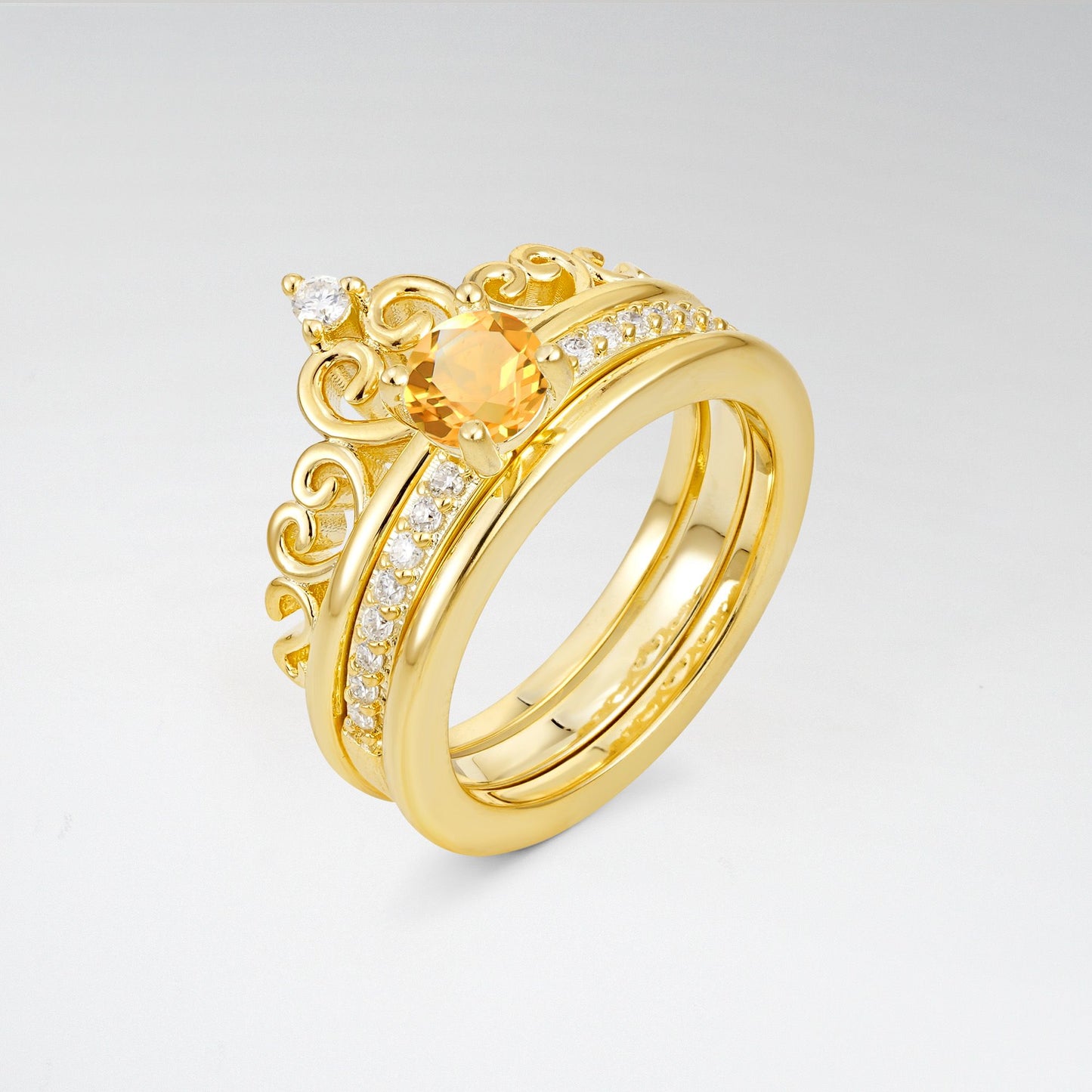 Round Cut Citrine Crown Bridal Ring Set - Rose-Gold