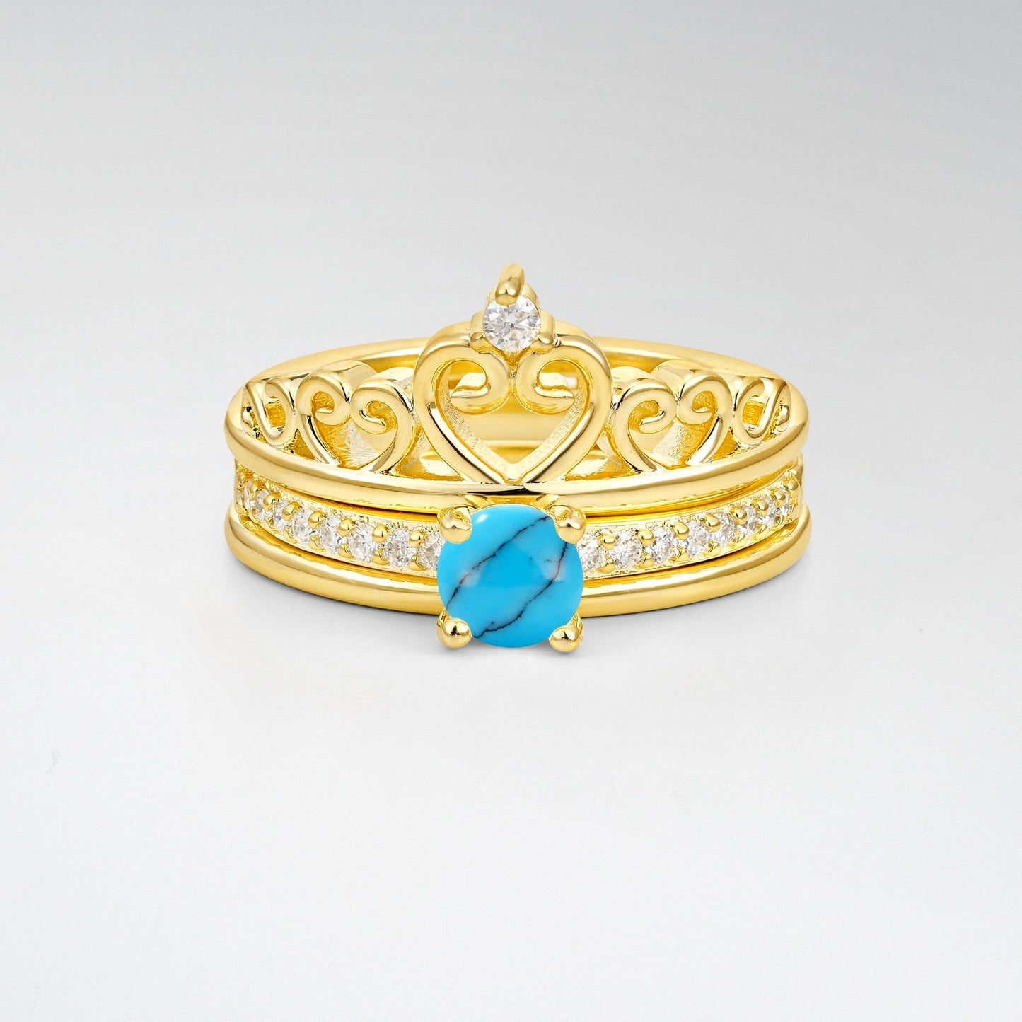Round Cut Turquoise Crown Bridal Ring Set - Yellow-Gold