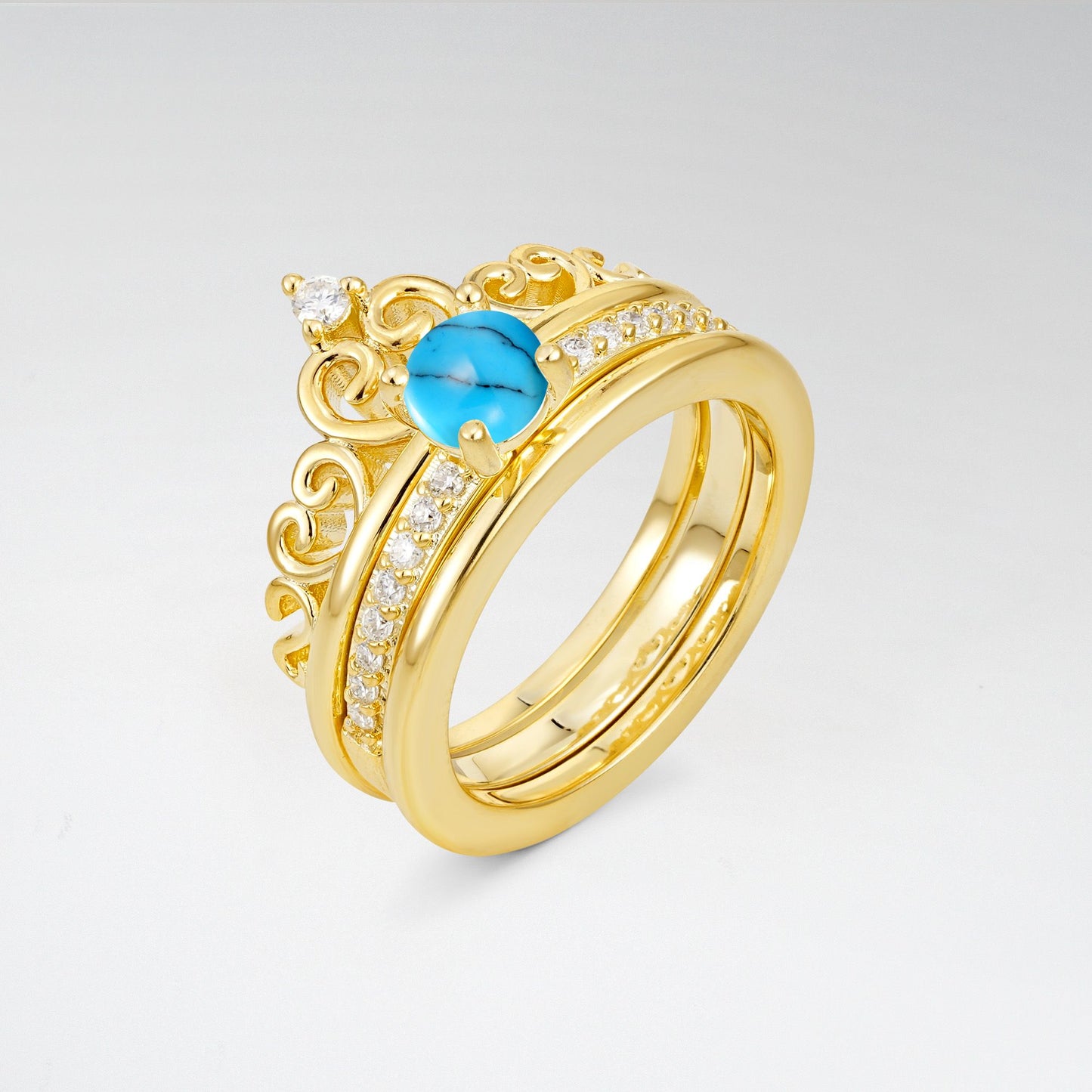 Round Cut Turquoise Crown Bridal Ring Set - Rose-Gold