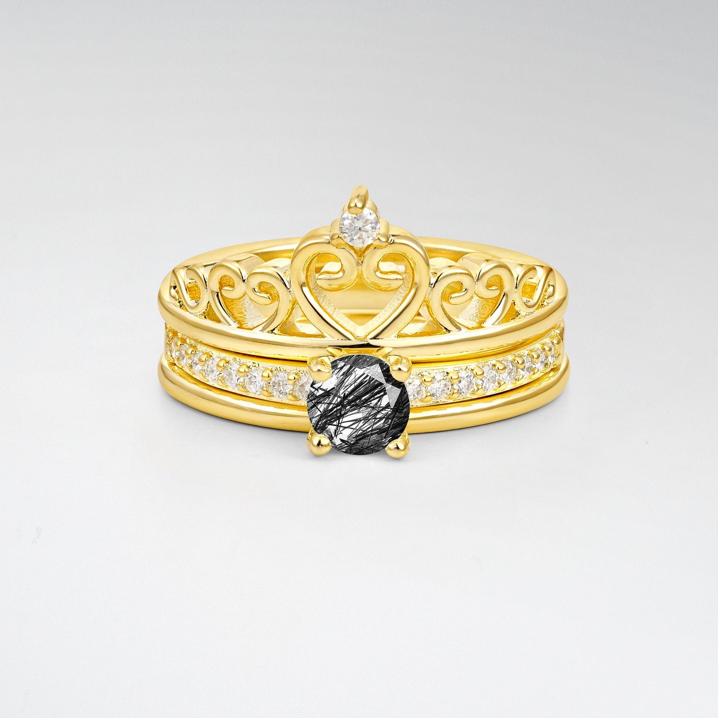 Round Cut Black Rutilated Quartz Crown Bridal Ring Set - Yellow-Gold