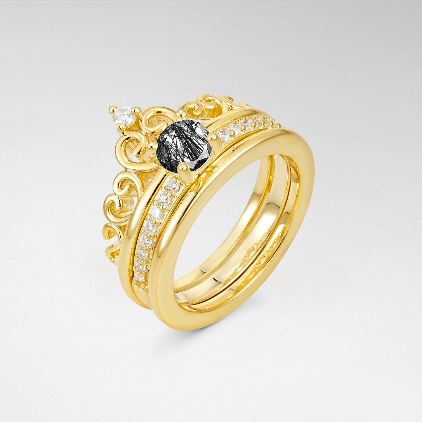 Round Cut Black Rutilated Quartz Crown Bridal Ring Set - Rose-Gold