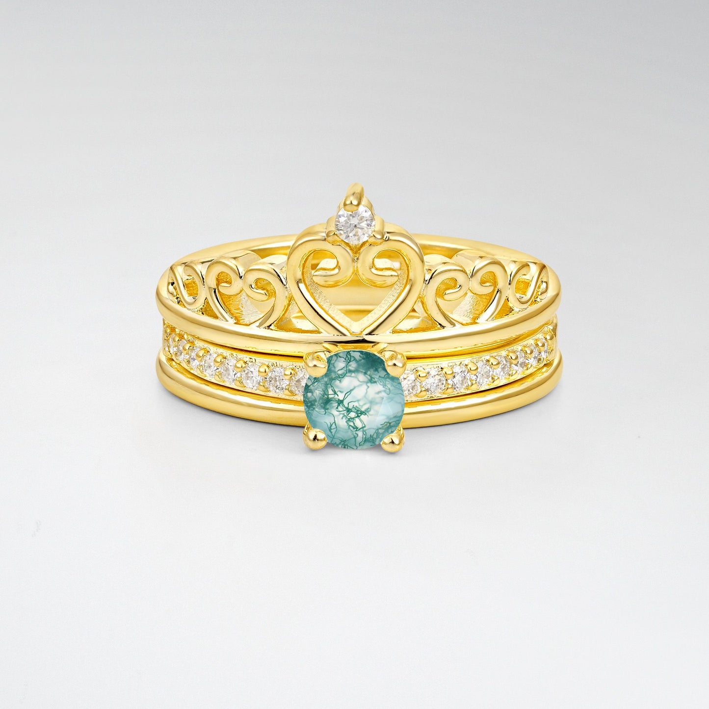 Round Cut Moss Agate Crown Bridal Ring Set - Yellow-Gold