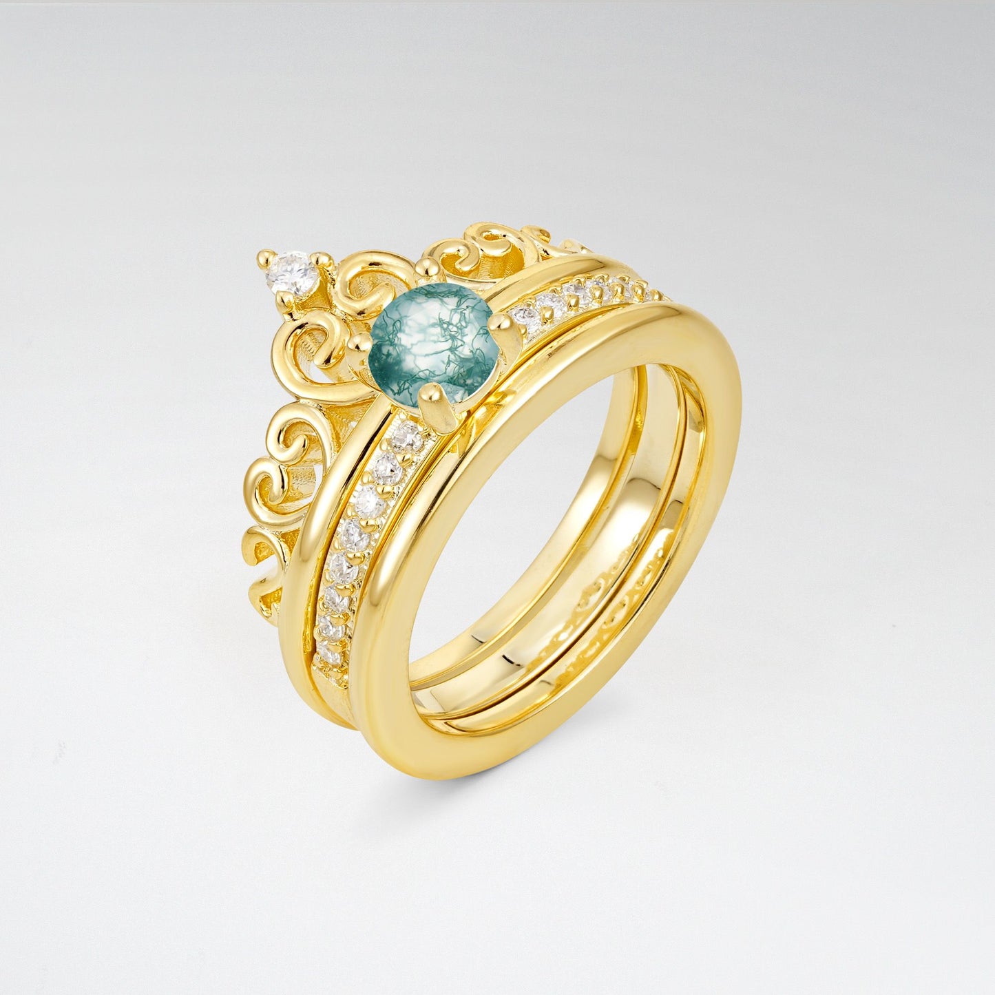 Round Cut Moss Agate Crown Bridal Ring Set - Rose-Gold