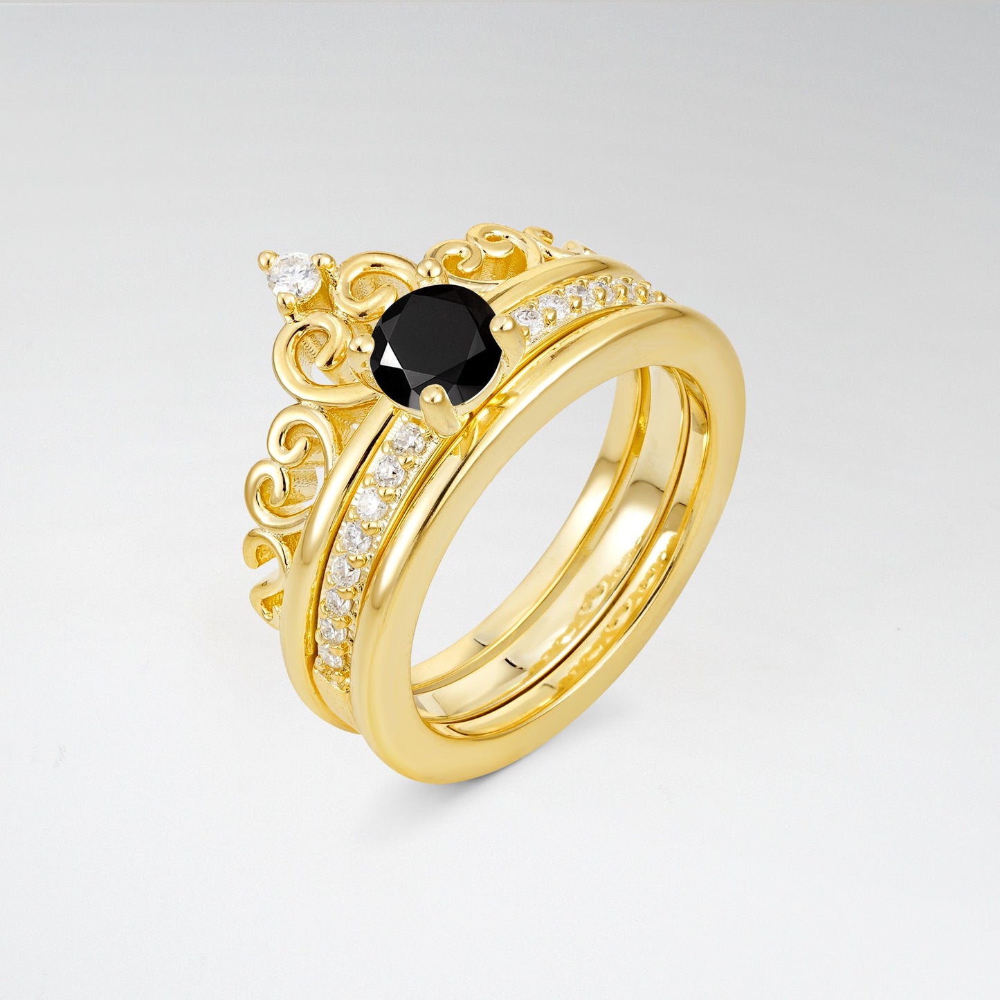 Round Cut Black Onyx Crown Bridal Ring Set - Rose-Gold