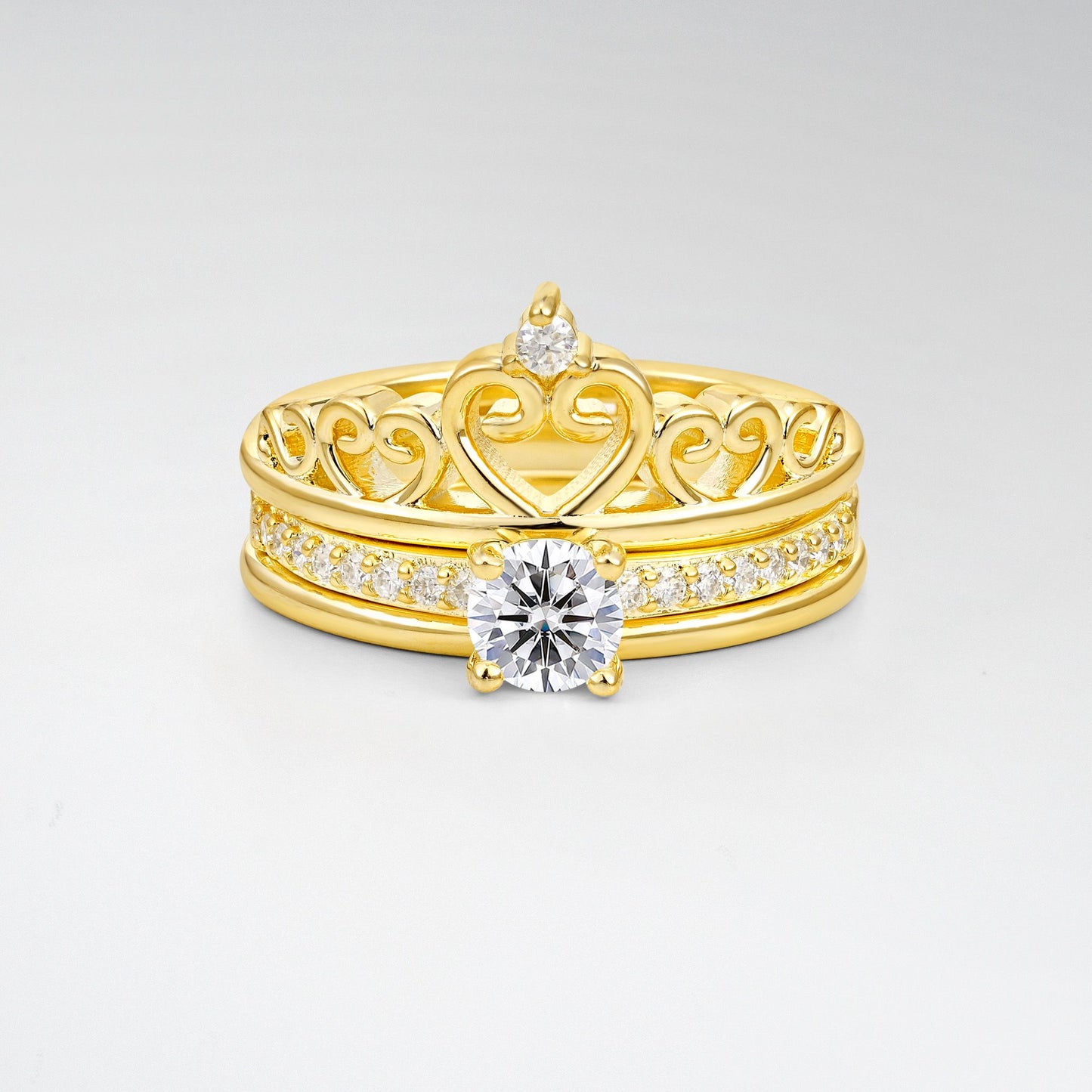 Round Cut Lab Diamond Crown Bridal Ring Set - Yellow-Gold