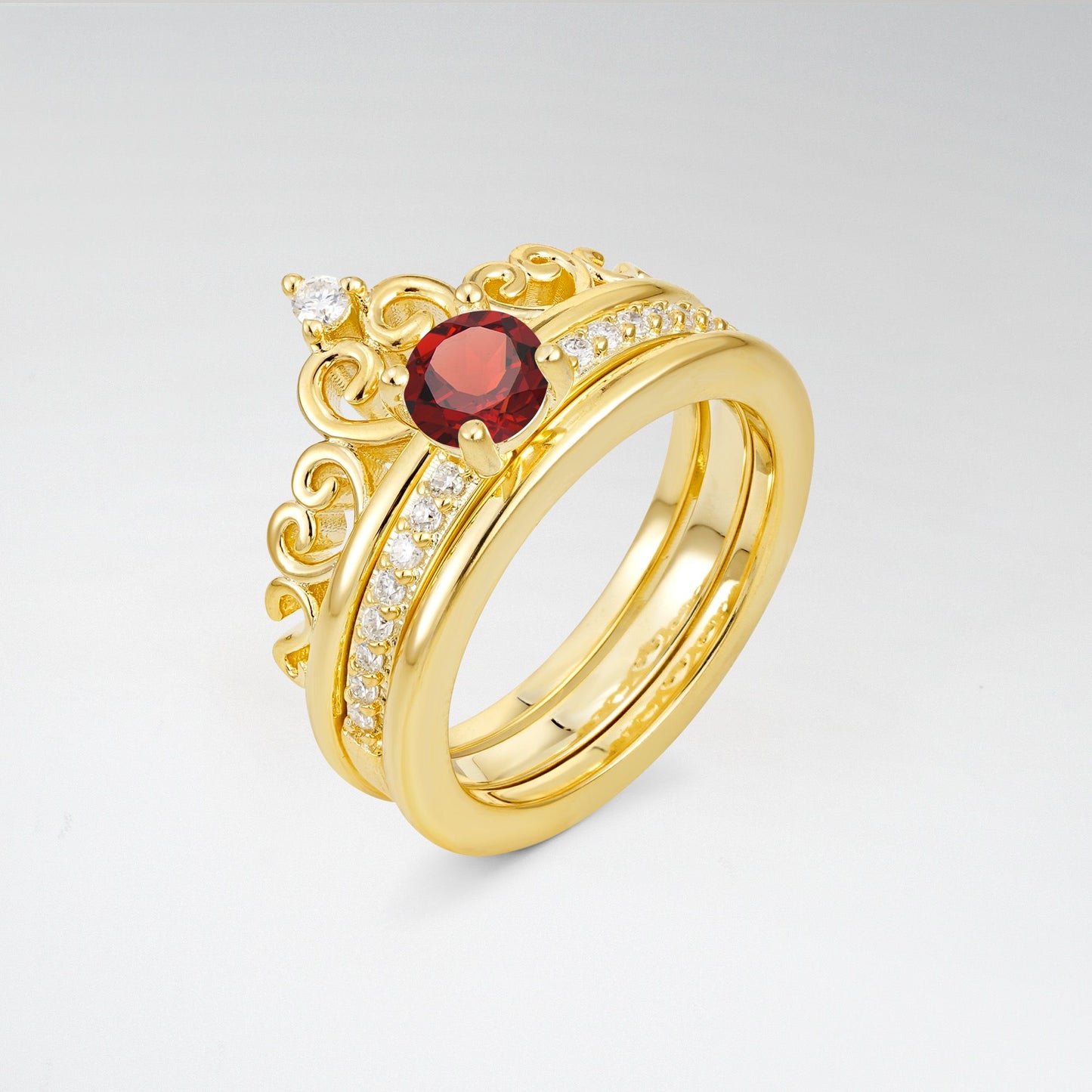 Round Cut Garnet Crown Bridal Ring Set - Rose-Gold