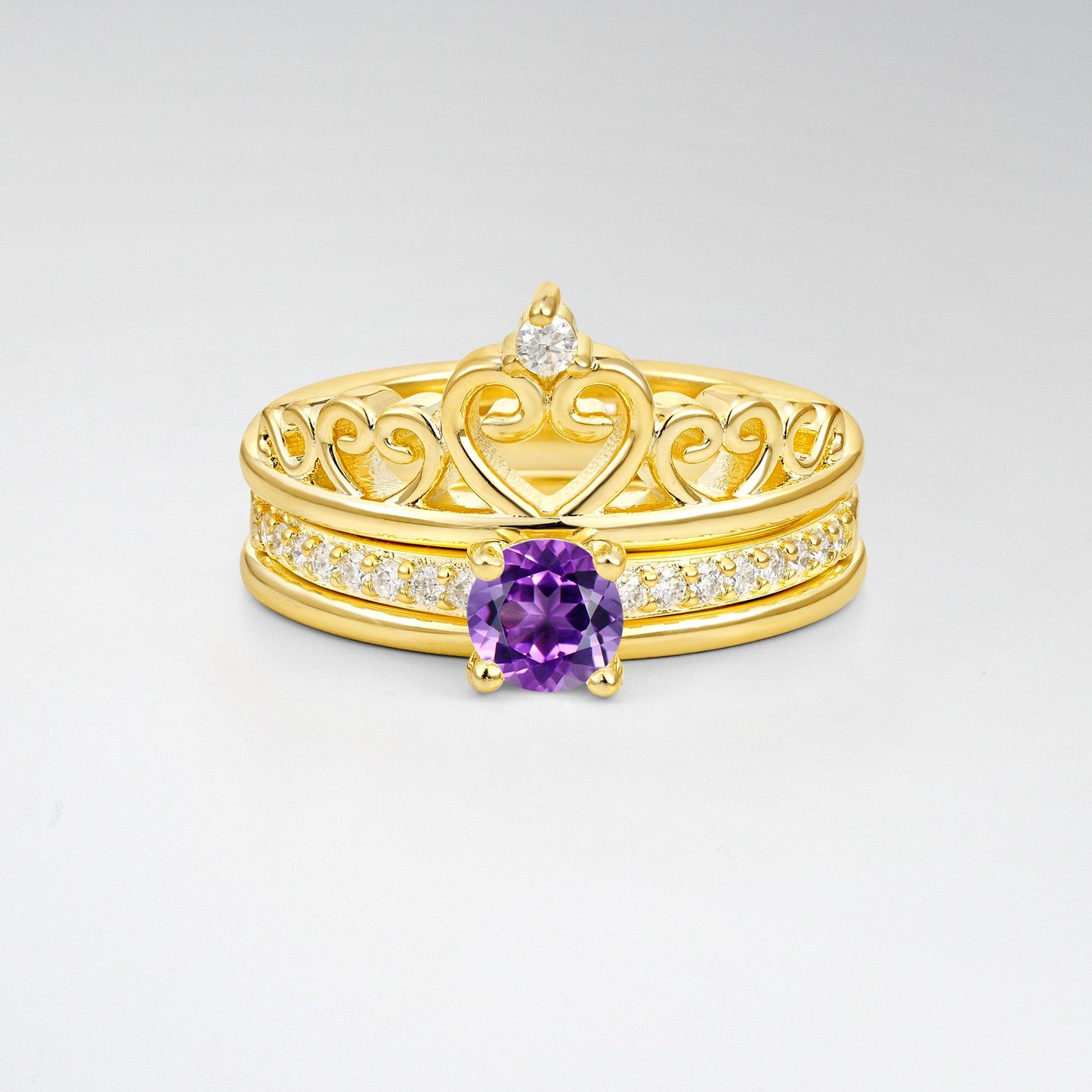 Round Cut Amethyst Crown Bridal Ring Set - Yellow-Gold