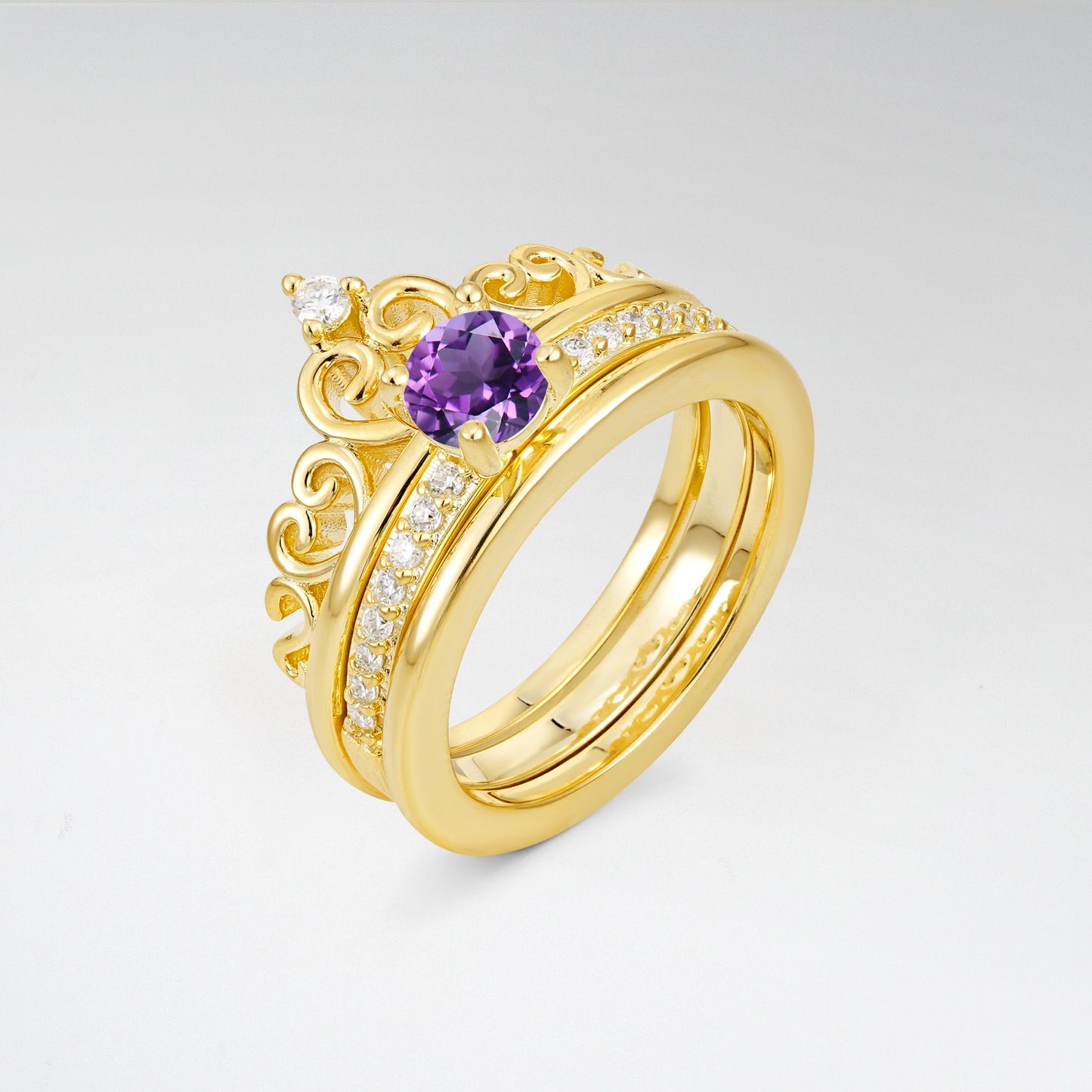 Round Cut Amethyst Crown Bridal Ring Set - Rose-Gold