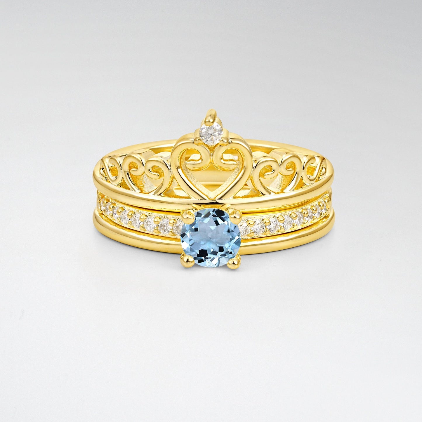 Round Cut Aquamarine Crown Bridal Ring Set - Yellow-Gold