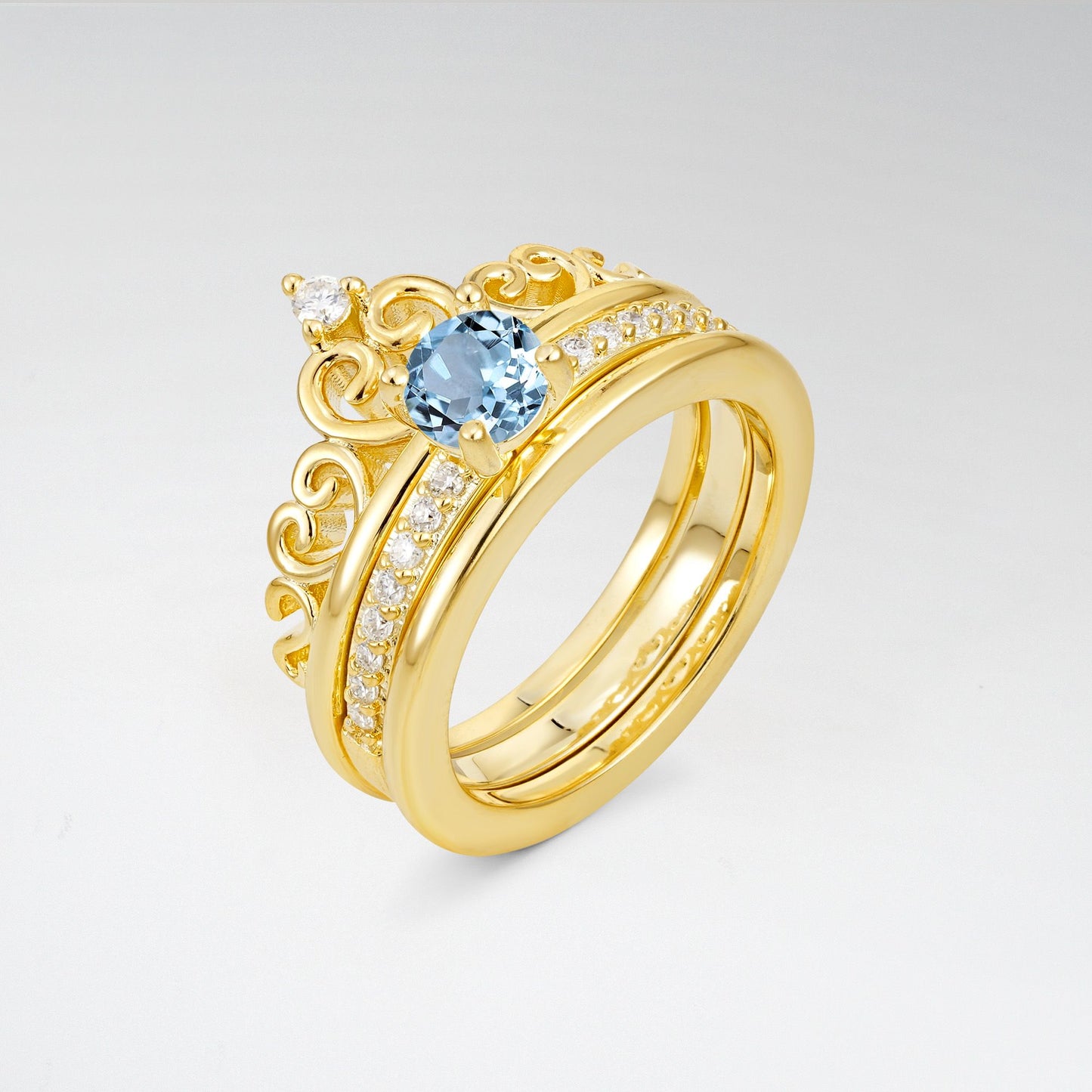 Round Cut Aquamarine Crown Bridal Ring Set - Rose-Gold