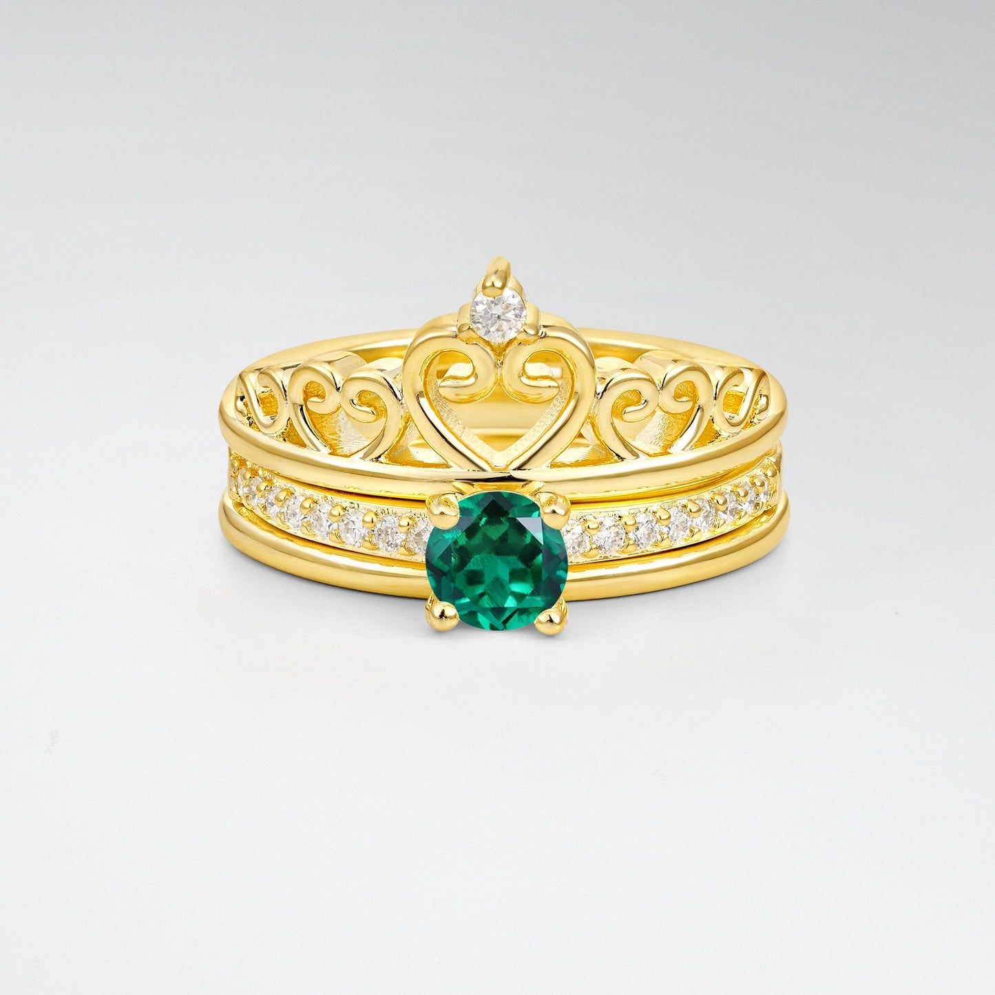 Round Cut Emerald Crown Bridal Ring Set - Yellow-Gold