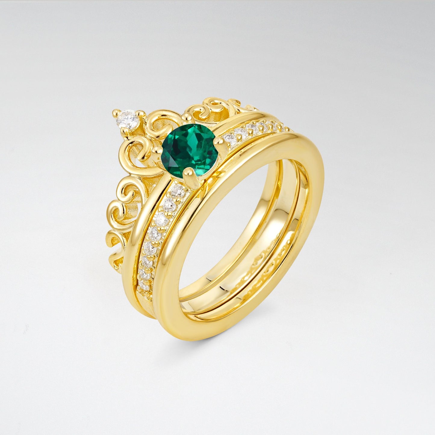 Round Cut Emerald Crown Bridal Ring Set - Rose-Gold