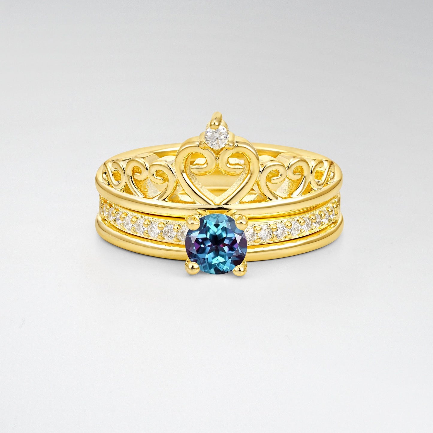 Round Cut Alexandrite Crown Bridal Ring Set - Yellow-Gold