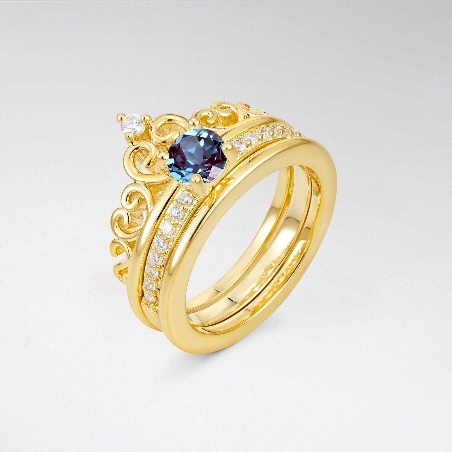 Round Cut Alexandrite Crown Bridal Ring Set - Rose-Gold