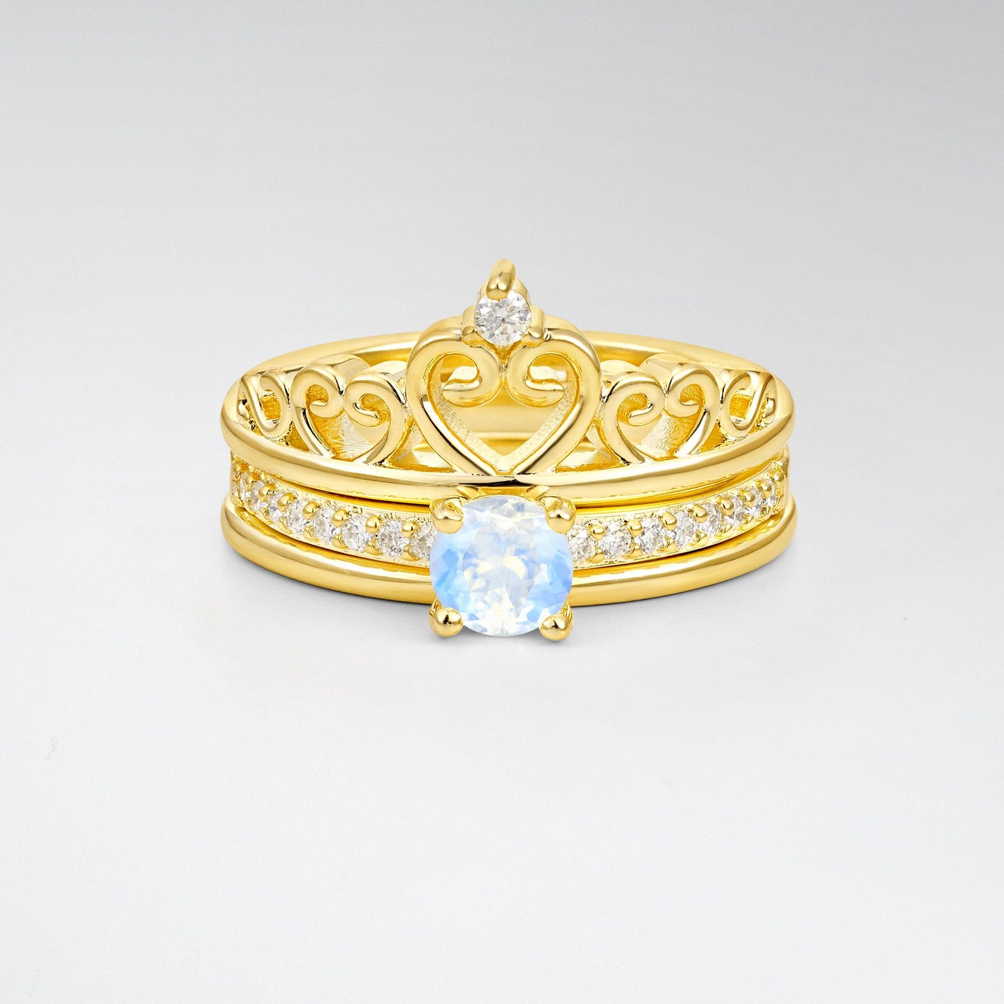 Round Cut Moonstone Crown Bridal Ring Set - Yellow-Gold