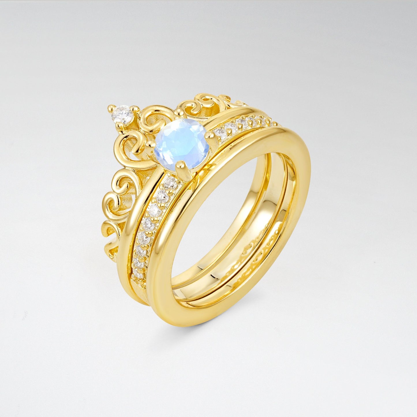 Round Cut Moonstone Crown Bridal Ring Set - Rose-Gold