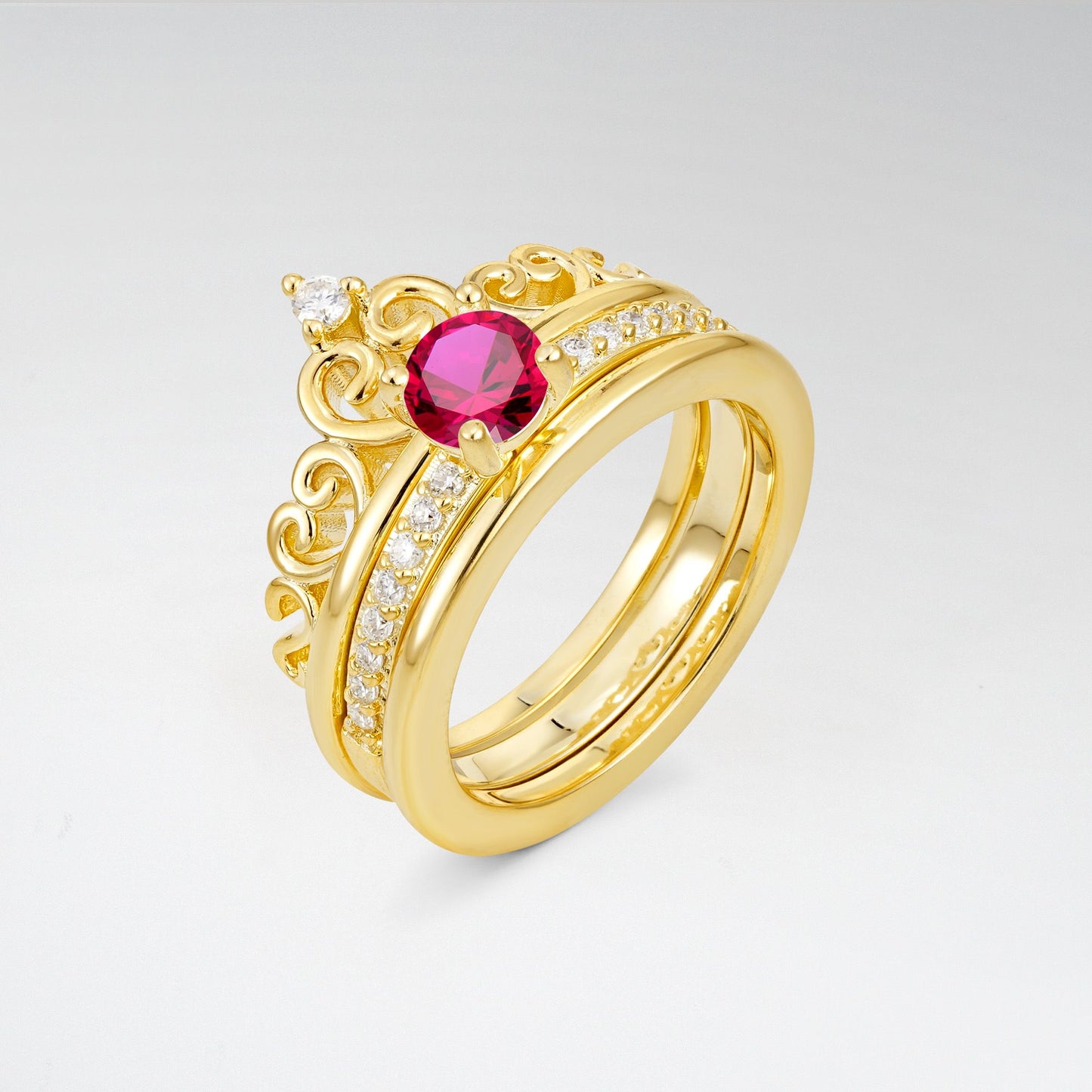 Round Cut Ruby Crown Bridal Ring Set - Rose-Gold