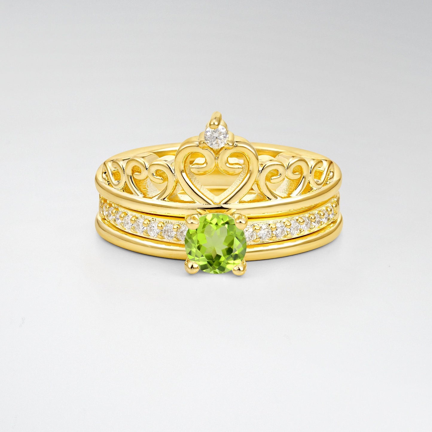 Round Cut Peridot Crown Bridal Ring Set - Yellow-Gold