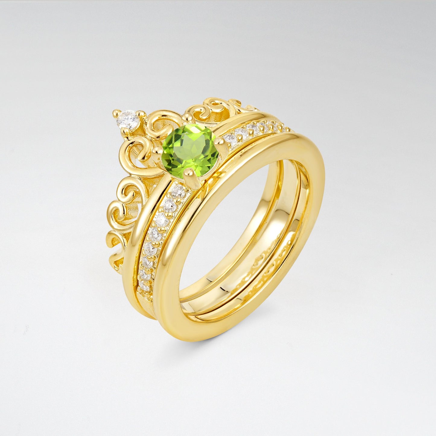 Round Cut Peridot Crown Bridal Ring Set - Rose-Gold
