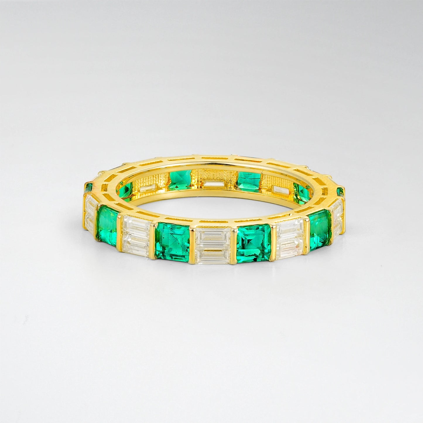Art Deco Emerald and Baguette Moissanite Eternity Wedding Ring - product view1