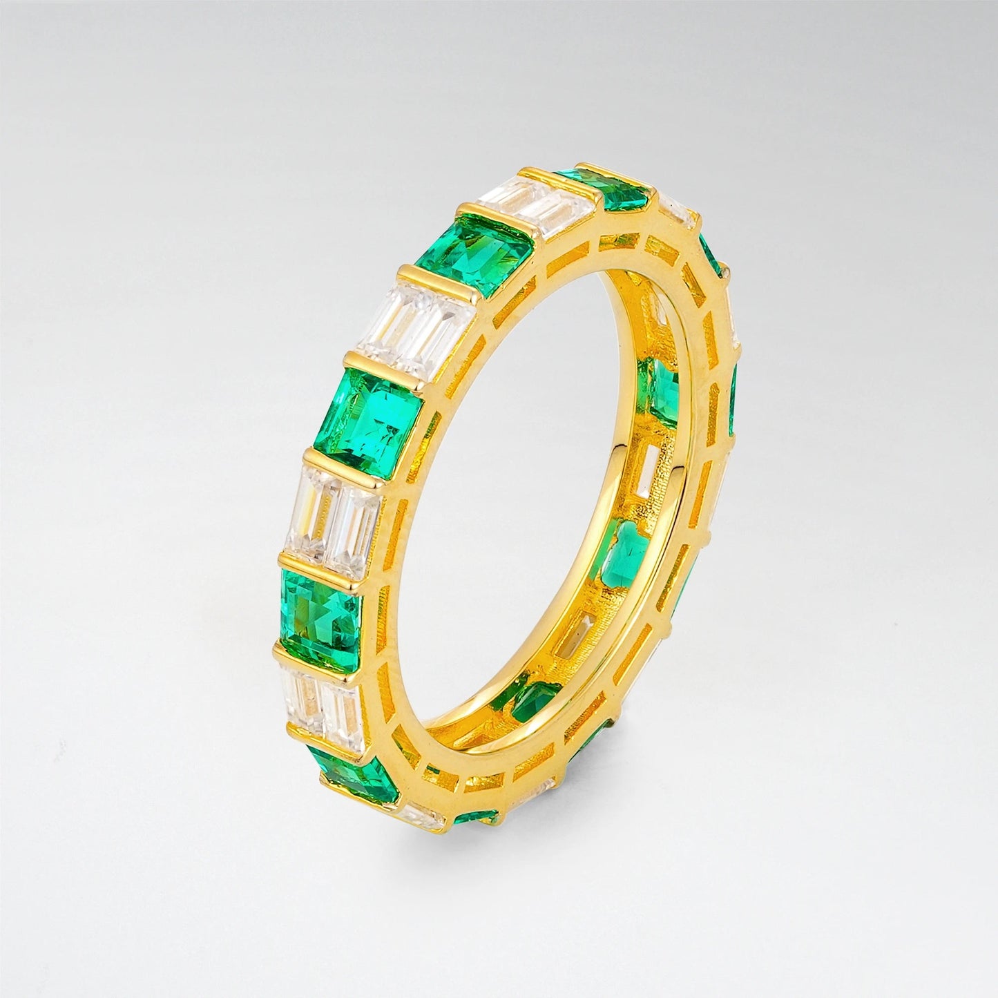 Art Deco Emerald and Baguette Moissanite Eternity Wedding Ring - product view2