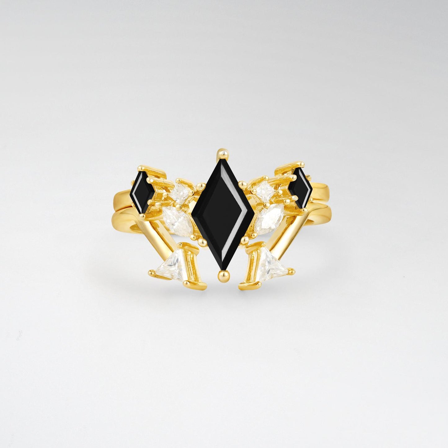 Art Deco Kite Cut Black Onyx Geometric Bridal Ring Set - product view1